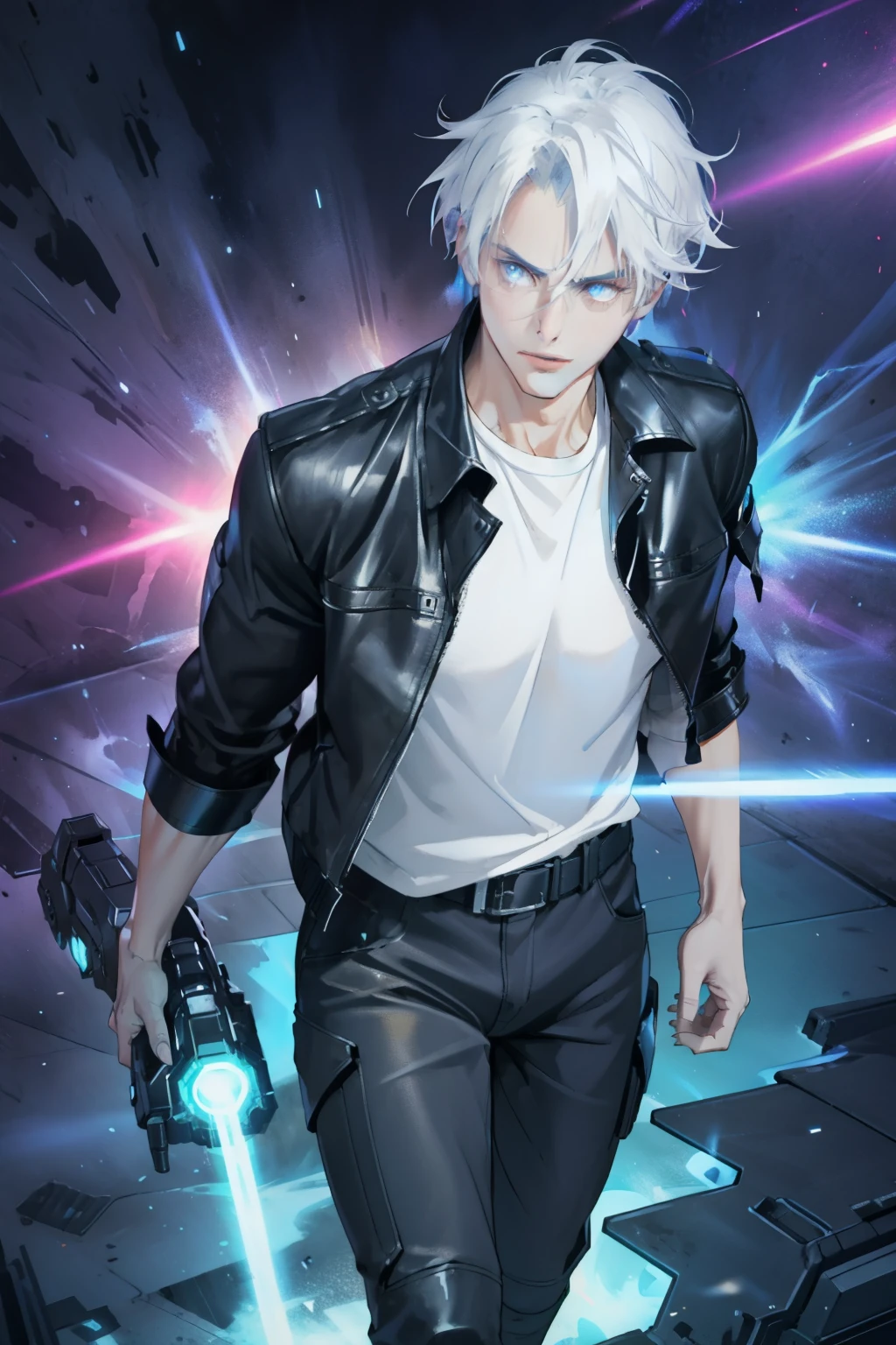 (masterpiece, best quality), 1 male, solo, adult, handsome, tall muscular guy, broad shoulders, finely detailed eyes and detailed face, extremely detailed CG unity 8k wallpaper, intricate details, intricate details, very short hair, undercut, grunge, serious expression, big arms, dark, old leather jacket, white t-shirt, medieval dark leg armor pants, neon motion stream, glowing lights, Grenade Launcher weapon, bright white energy streams of lights, rim lighting, sf, Apocalypse, from above