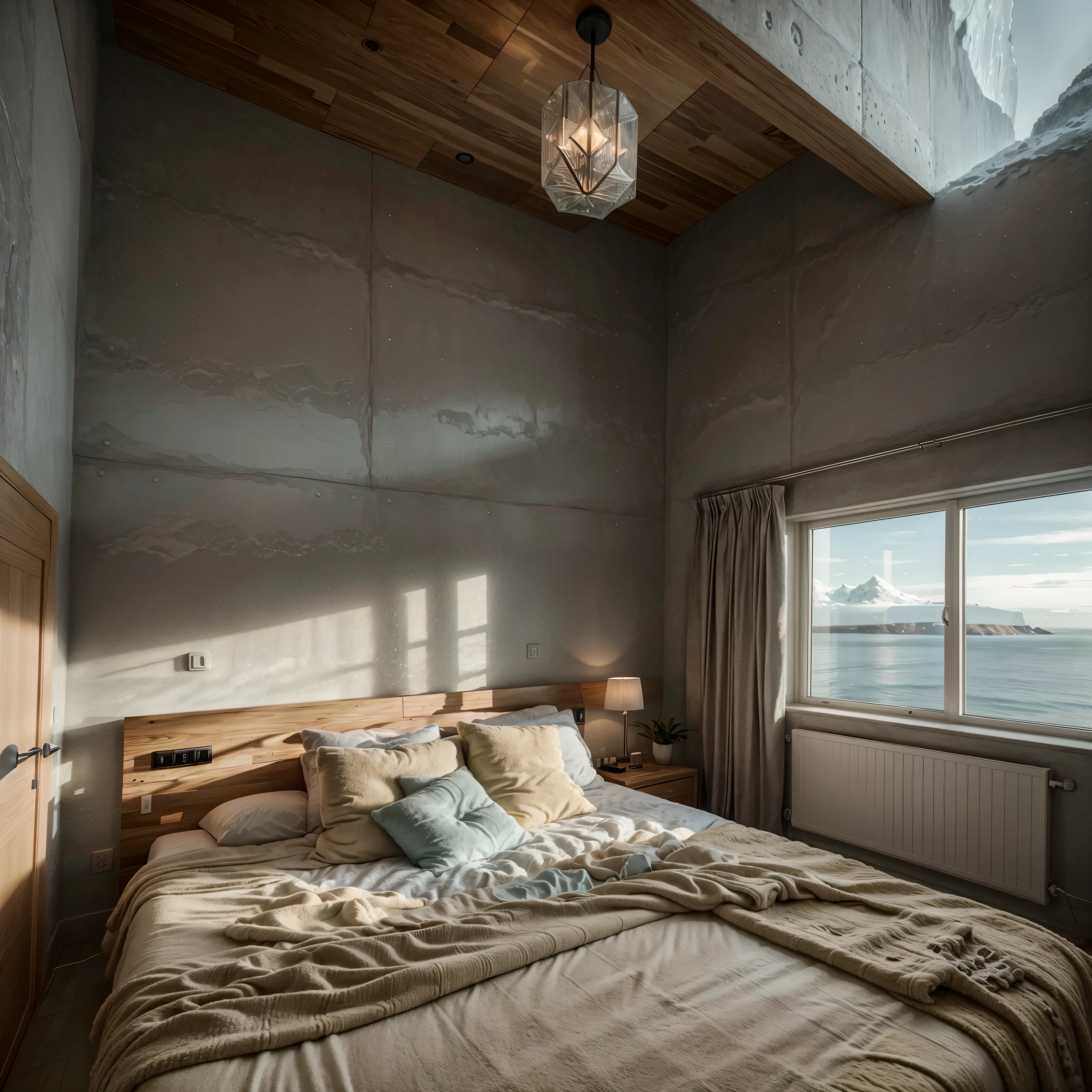 design the interior of a bedroom in concrete mansion, surrounded by icebergs and the cold sea. Create a cozy and warm space using wooden and concrete materials, yellow cozy lights, huge glass windows offering breathtaking views. Merge modern luxury with natural elements, crafting an inviting atmosphere that harmonizes with the Arctic surroundings. Cozy lights, tall plants, cozy environment, blizzard outside, Photoreal, ultrarealisitc, ultradetailed