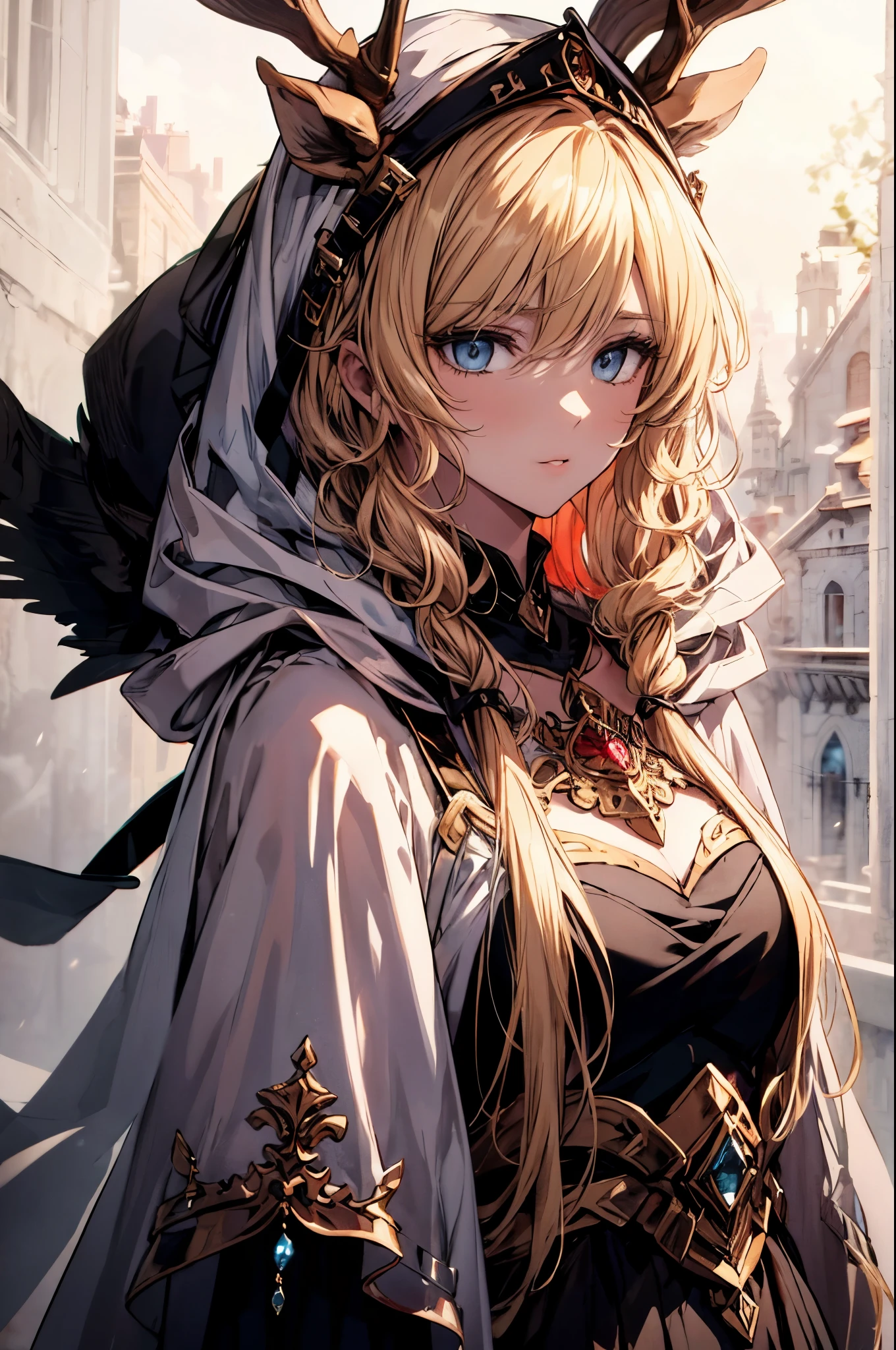 (best quality, 4K, 8k, high resolution, masterpiece:1.2), Super detailed, Noble maiden, Exquisite facial features，Long blonde curly hair details expressed, elegant gesture, dreamy atmosphere, expressive brush strokes, mysterious atmosphere, artistic interpretation,Delicate curls，Detailed floral jewelry, Crystal diamond jewelry，Small fresh aesthetics，Stunning intricate costumes, fantasy illustration, Subtle colors and tones, The details have been upgraded