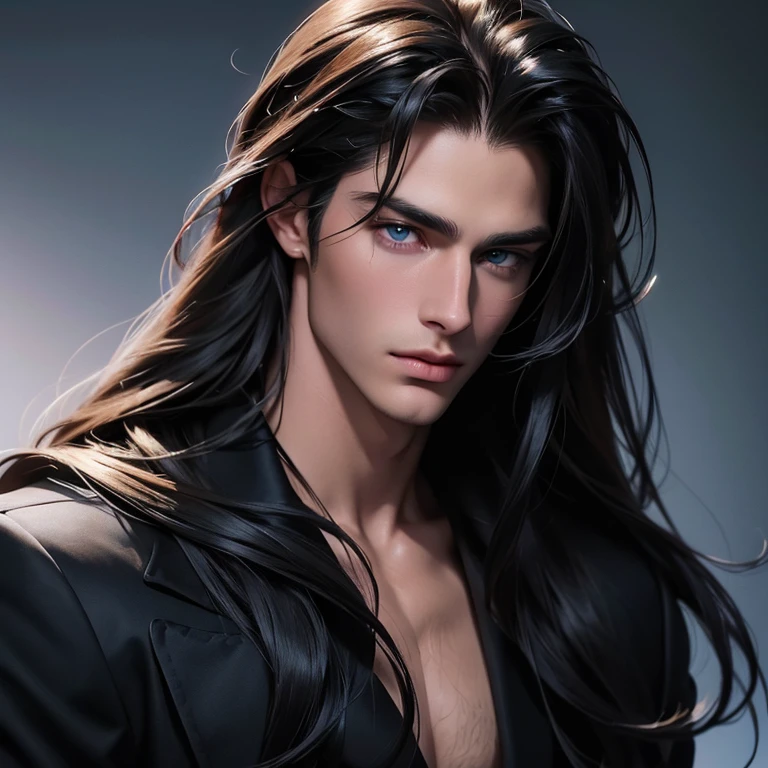 a close up of a man with long hair and blue eyes, digital art by Bernardino Mei, tumblr, digital art, handsome stunning realistic, handsome male, attractive male, wonderful dark hair, beautiful male face, beautiful young man, long dark hairs, with long hair and piercing eyes, shoulder-length black hair, handsome face, young with long hair, perfect handsome face