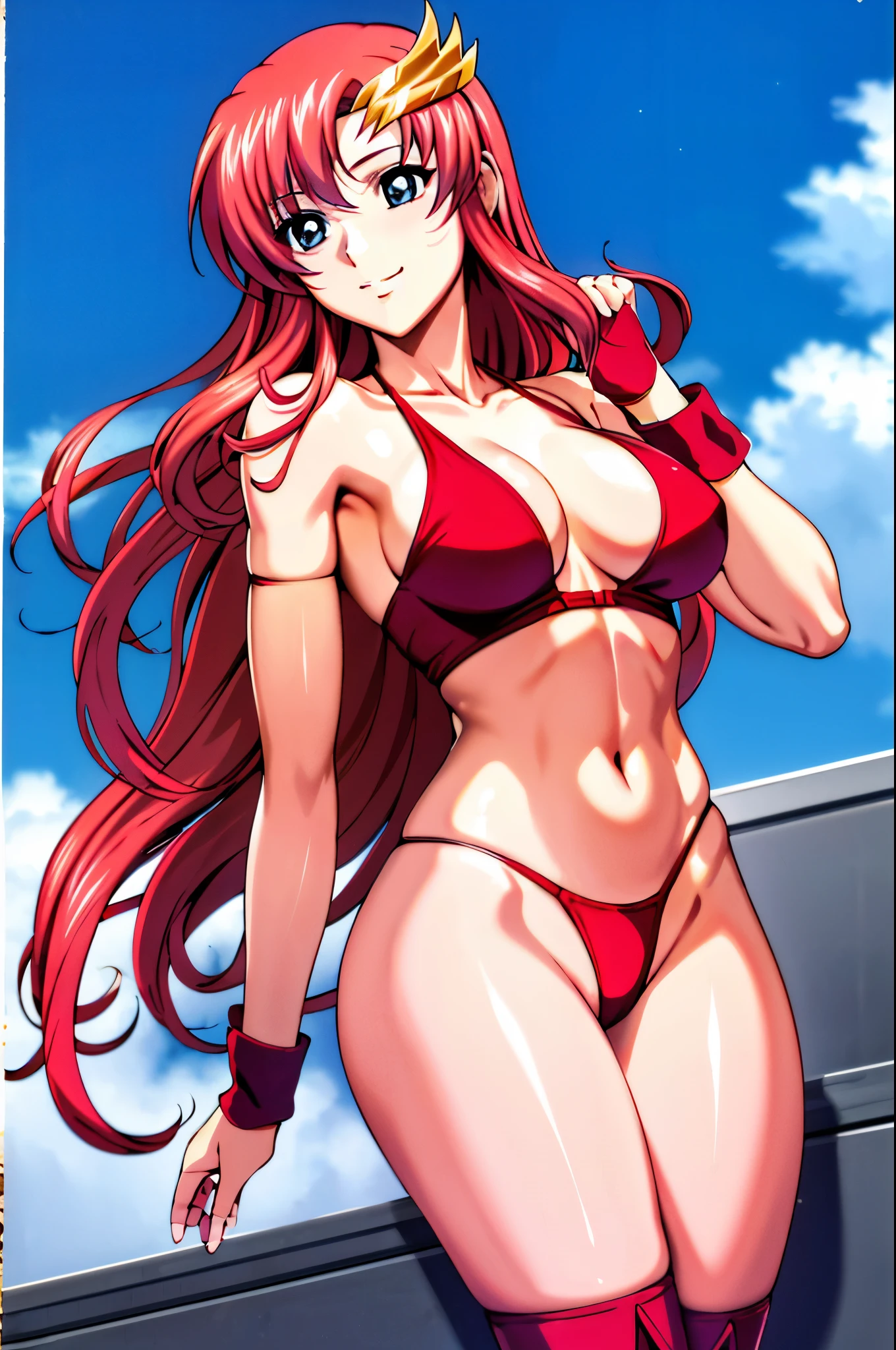 lacus4, (red long boots), (masterpiece, double bra, laying down, very slim shoulders, 4K, Best Quality, Anime style: 1.9, happy, Adult Woman, (ultra detailed head), (cloud background), Drawing lines, high resolution, lacus4), 1girl, Solo, curvy figure, Long hair, 鎖骨, scapular, (Detailed wide hair bangs, Hair Ornament, Detailed reddish-pink hair, shiny streaks, slim arms, detailed golden crest), cleavage, large hands, (hair cover shoulders). (Big blue eyes, shiny eyes), ((female wrestler, (slim body), little biceps, slim arms, closed fists, thighs)), ((perfect proportions, medium breasts, long belly)), (((crimson bikini only, red arm band, neck band))), smile, (standing, hot colors), detailed fingers, (bare shoulders)