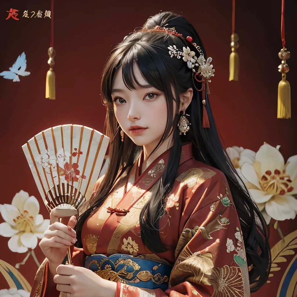 Exquisite hand-painted fan,Chinese traditional painting:1.2,beautiful spring festival,new year 2024,Auspicious red decoration,Wish you good luck in the new year,Ancestor worship and family reunion,With the soul of the ancestors,Deep cultural heritage,Colorful flower quality,4K,A high resolution,tmasterpiece:1.2),ultra - detailed,(actual,photoactual,photo-actual:1.37)