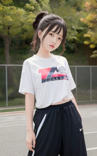 Playing basketball, adorable, japanese girl, small face, shirt, pants, hair black hair, hair scrunchie, (high color saturation:1.0), highest quality, ultra high resolution, photo-realistic, Super detailed, 8K, RAW photo
