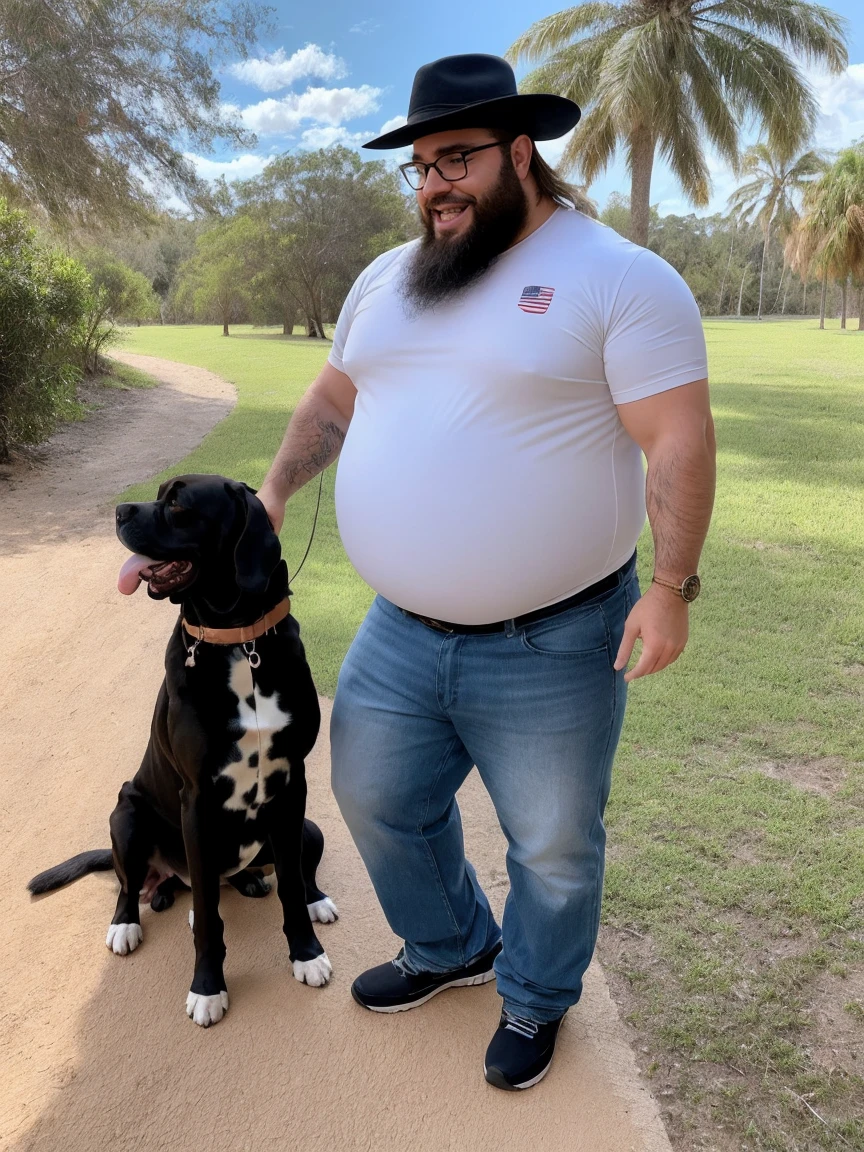 Uma luz amarelada de fim de tarde ilumina o corpo e o ambiente, Veste roupas da moda,alta qualidade,altamente detalhado,cena intensa, solid, Gritty reality scenario for a 42 year old sexy and fat bearded man full of sweat full body big belly only he is wearing prescription glasses or Sport glasses in the image
, smiling Laughing expression of great happiness, wearing a hat or wearing a hat on the head, ((ele usa apenas no corpo cueca box com detalhes branco)),rosto atordoado,Abra as pernas, Florida square environment luxurious outdoor place, He walks his English Cocker Spaniel or English Bulldog, Dalmatians, collie, Maltese, he affectionately holds the dog in his arm or holds him petting him on his lap.