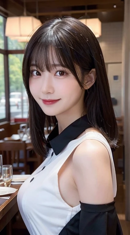 (highest quality,masterpiece:1.3,Super high resolution,),(super detailed,caustics),(Photoreal:1.4,RAW shooting,)ultra-realistic capture,very detailed,High resolution 16K human skin close-up。 Natural skin texture、,The pores are、、Must be detailed enough to be easily identified。 Skin should look even-toned and healthy。 Use natural light and color,restaurant,Waitress Uniform,1 girl,Japanese,18-year-old,cute,black haired,middle hair,(big breasts:1.2),smile,turn the body forward,(Front view:1.2),look at the camera,bust up shot:1.1,breast focus:1.1,close up of chest:1.1
