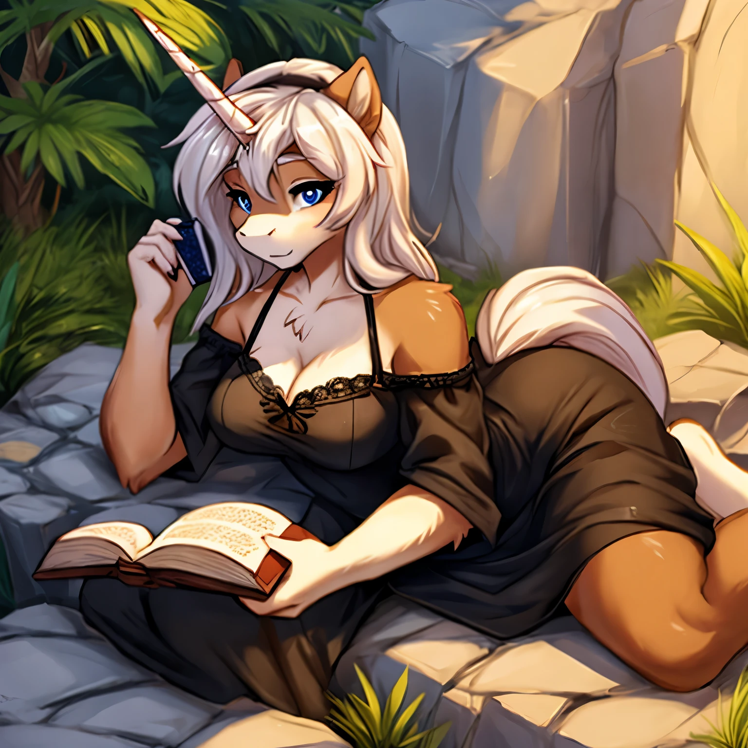 A female unicorn laying on a rock. She reading a book and dressed in a black dress 