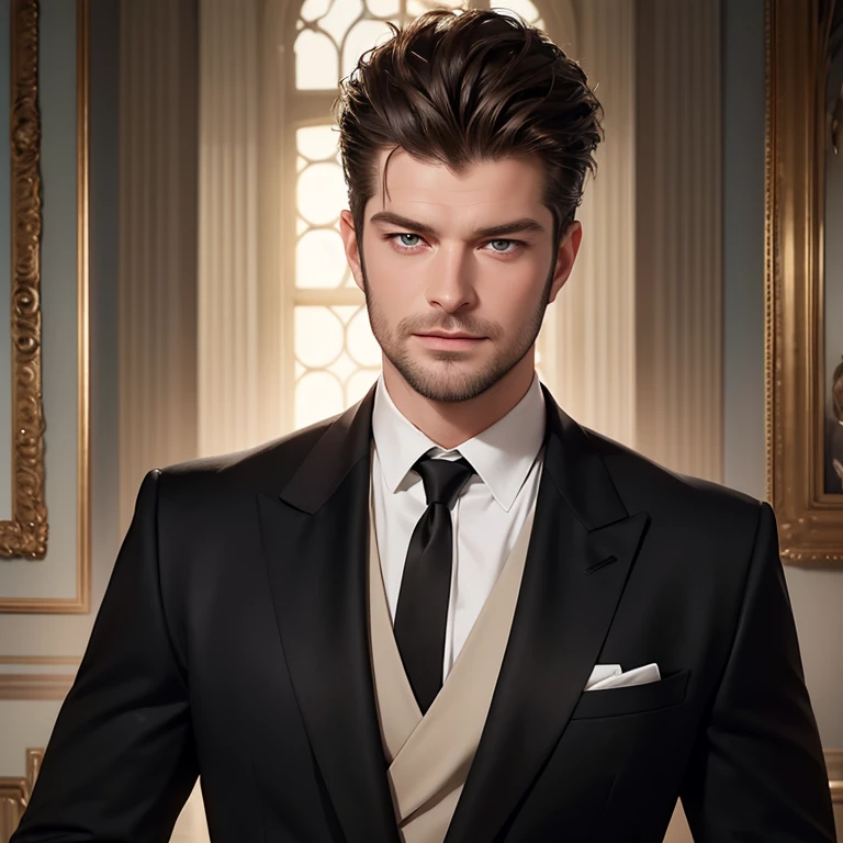 best quality,ultra-detailed,Kivanç Tatlitug with hazel eyes,suave and confident look,dark hair,well-groomed beard,sharp facial features,charming smile,tailored suit,posing in a luxurious setting,soft lighting,warm color tones,captivating gaze,expressive eyes,mesmerizing presence,artistic portraiture-painting style,vivid colors,subtle brushstrokes,photorealistic rendering,finely detailed facial expressions,impeccable fashion sense,sophisticated elegance,timeless beauty,perfect symmetry,high-res image,flawless skin complexion,refined taste,masterpiece:1.2, hazel eyes, hazel eyes,hazel eyes,hazel eyes,hazel eyes