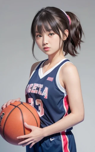 Have a basketball,sportswear for basketball, adorable, japanese girl,  hair black hair, hair scrunchie, (high color saturation:1.0), highest quality, ultra high resolution, photo-realistic, Super detailed, 8K, RAW photo