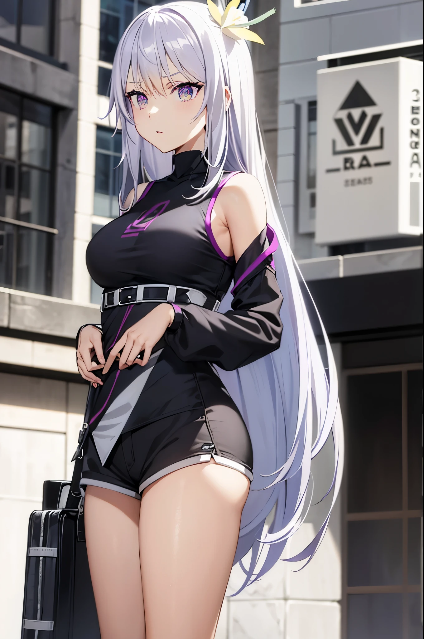 reona silver hair long hair large breasts purple eyes hair ornament,Streetwear Chic: Edgy, Vibrant, Casual.