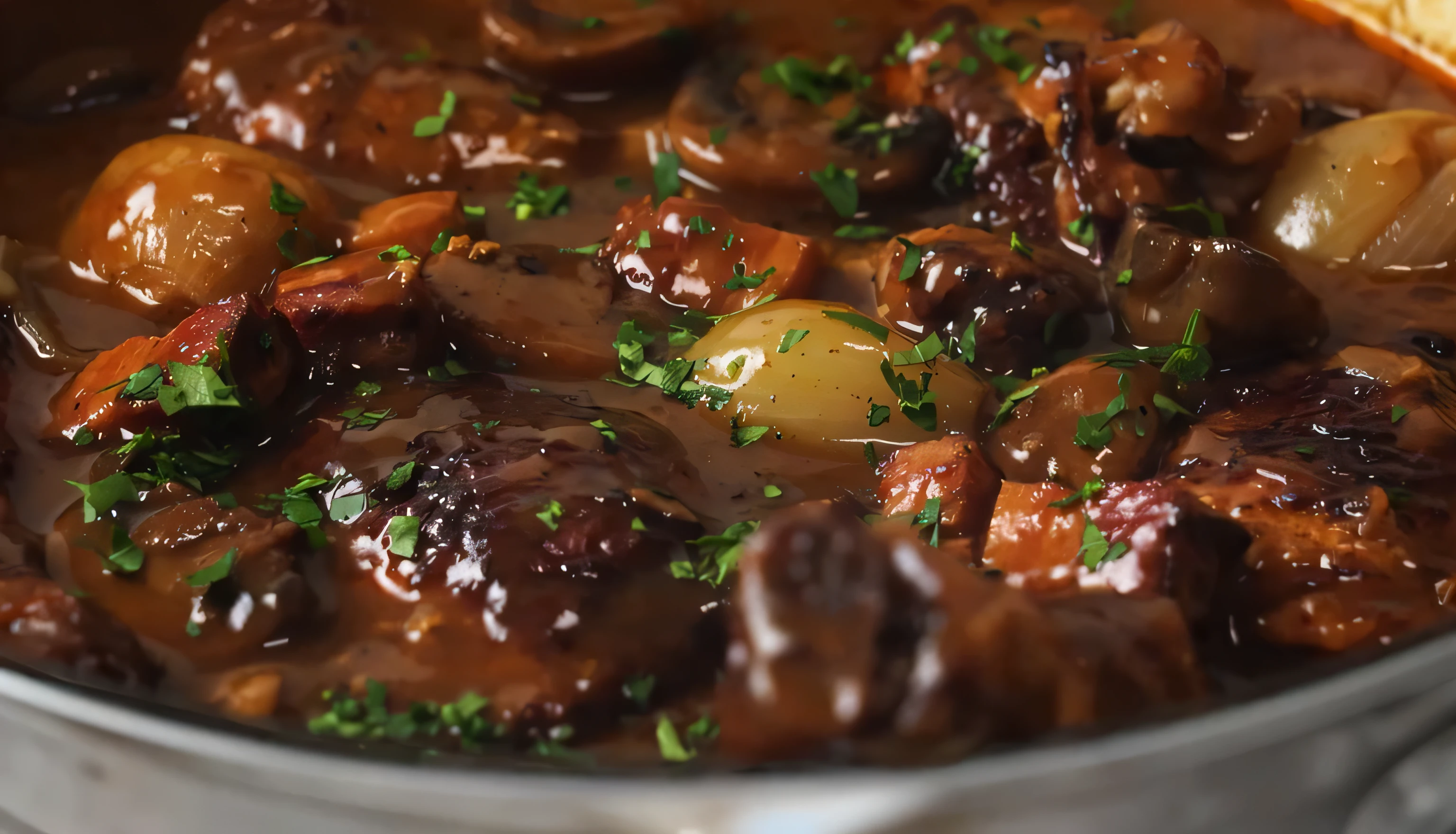 there is a pot of Ragoût with meat and vegetables in it, Ragoût, Des détails époustouflants et riches, étouffé dans du chocolat fondu, Alimentation commerciale 4 K, mâchoire tombante, Cuit à la perfection, facile, Plan rapproché de côté, Images HD, gros plan 4k, très détaillé en 4k, Rendu en 4 k, brun, Image rapprochée, vidéo encore