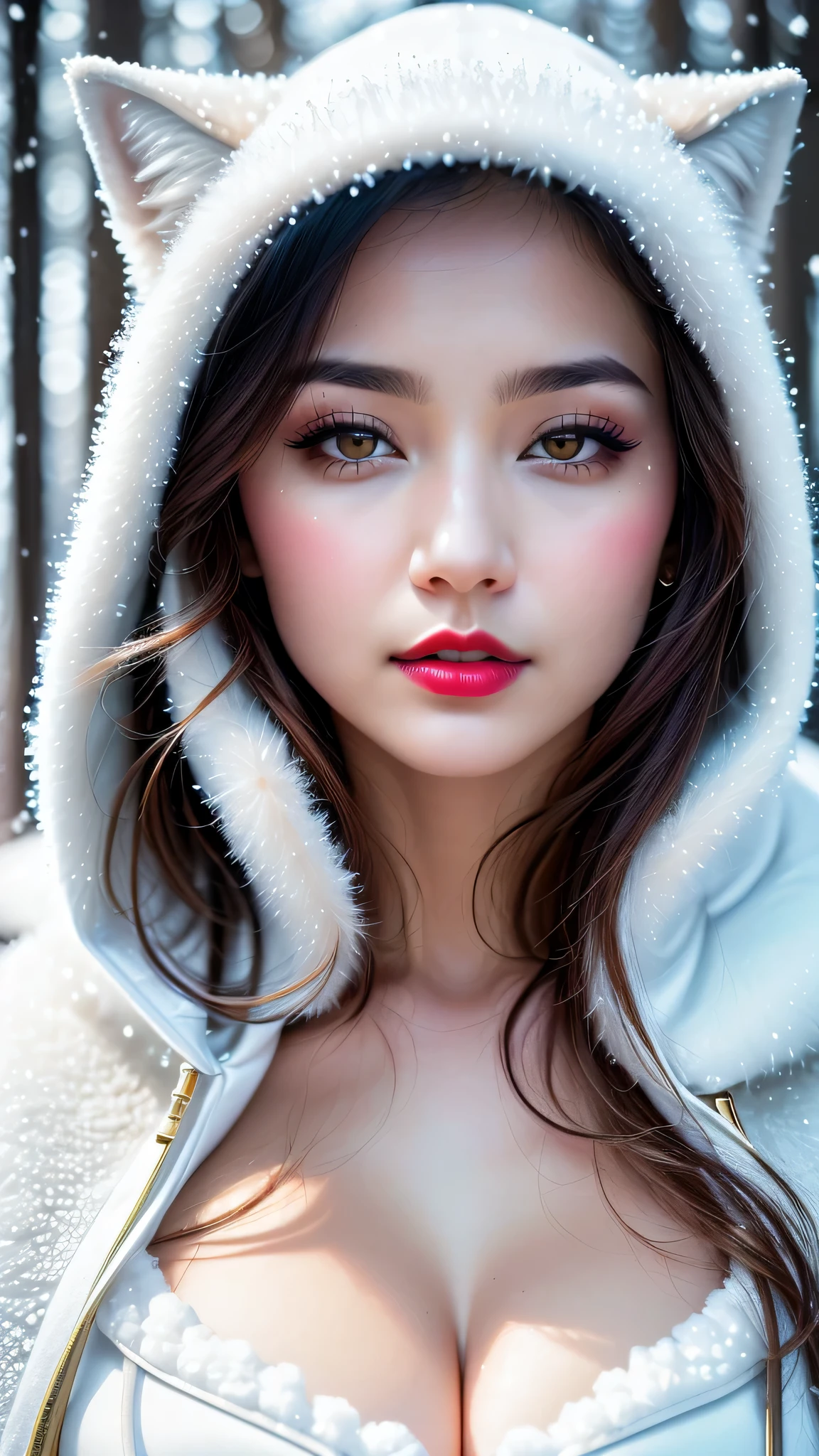 Ultra-realistic、 ultra-detailed portraits、 最high quality、 8K、highest level、 The ultra -The high-definition、(Super beautiful detailed face:1.5)、(detailed eyes:1.2)、(detailed lips:1.2)、(Detailed nose:1.2)、cinematic lighting、(anatomically correct:1.3)、((cleavage))、(I encourage you to choose a subdued and perfectly coordinated background for your phenomenal, diverse random creation)、(Use any technique of combining materials, natural, artificial, (light, heavy, airy), metals, elements and fantasy magic, any style, any outfit, choose eyes color, ((hair is a different color than eyes)), dynamic random fancy, professional hairstyles)、1girl:1.4 22years old、fashion supermodel、real:1.66、photorealistic:1.66、(very delicate and beautiful、fine details:1.3)、masterpiece、 最high quality、 (high quality)、 (absurdres)、 (sharp fous)、(Glamour, paparazzi taking pictures of her)、 contrast、 (dark shot:1.07)、red_lipstick:1.25、((perfect round eyes))、((snow-white fur with a hood with a raw wolf skull on the head:1.24))、(matte skin:1.3)