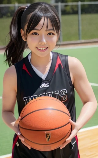 Have a basketball,smile,sportswear for basketball, adorable, japanese girl, hair black hair, hair scrunchie, (high color saturation:1.0), highest quality, ultra high resolution, photo-realistic, Super detailed, 8K, RAW photo