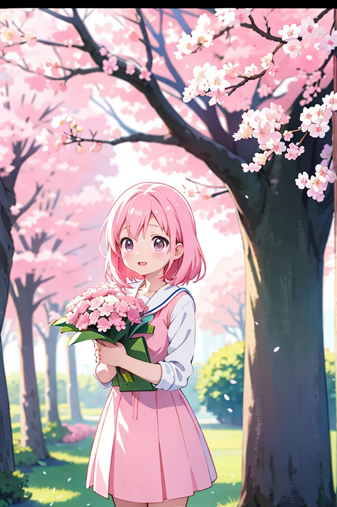 Cute and vibrant anime girl with pink hair, wearing a school uniform and holding a bouquet of flowers, surrounded by cherry blossom trees. Soft, pastel colors and delicate lighting, reminiscent of Studio Ghibli films. High-resolution digital painting by Akihiko Yoshida and Makoto Shinkai. Aesthetic and heartwarming. Resolution: 4k.