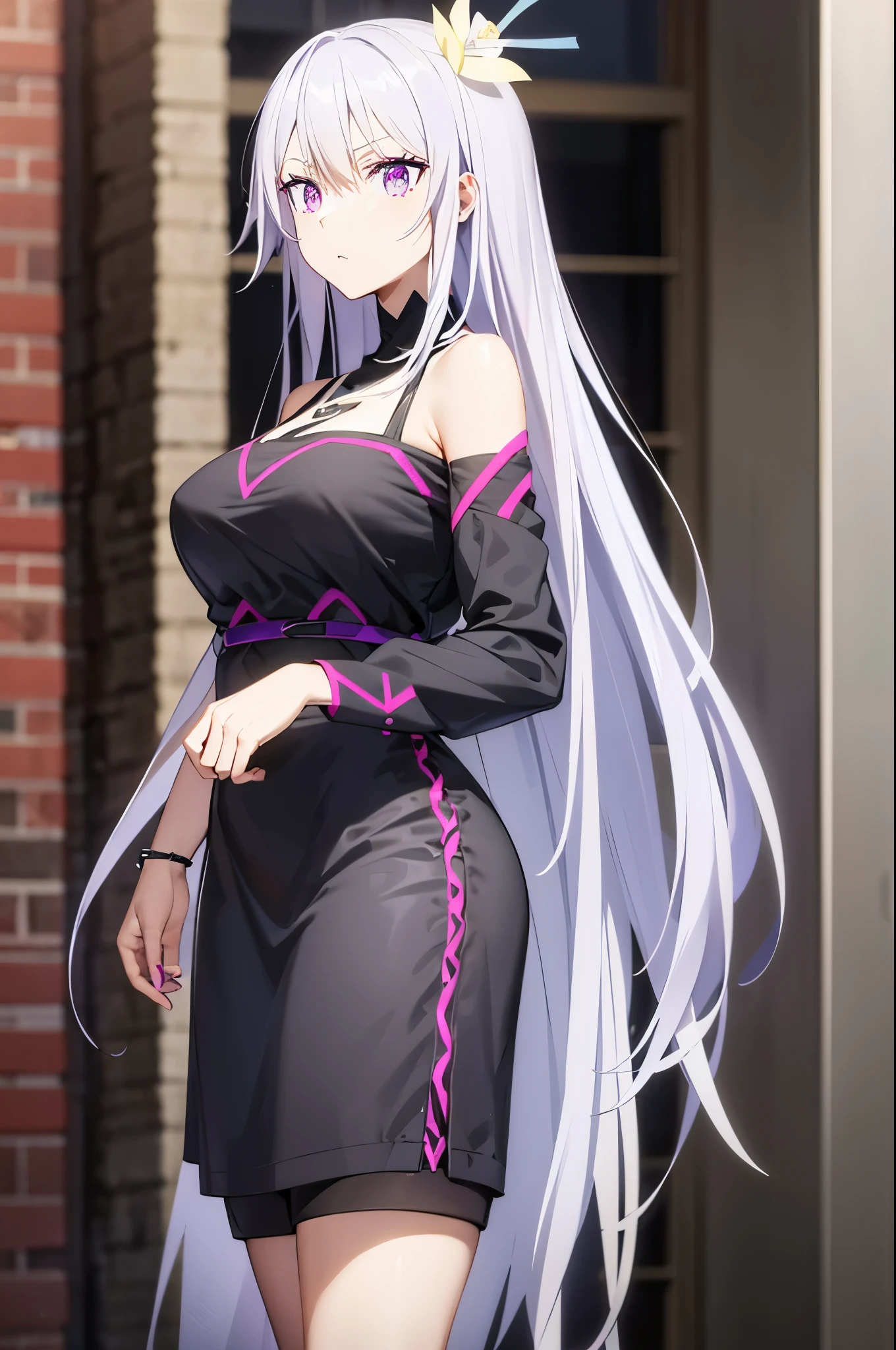 reona silver hair long hair large breasts purple eyes hair ornament,Streetwear Chic: Edgy, Vibrant, Casual.