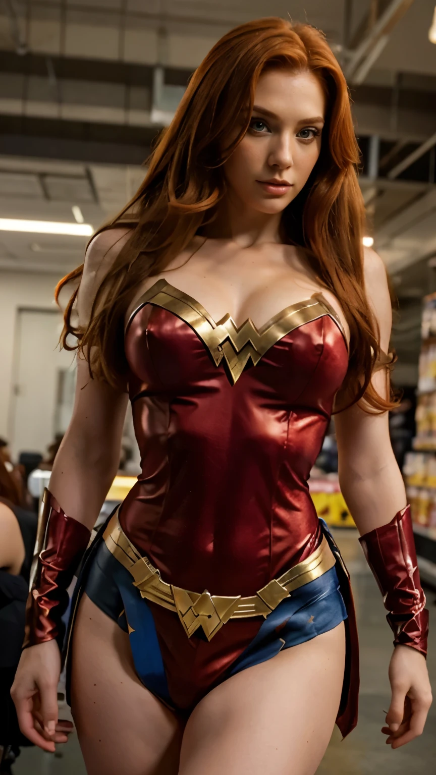 Hot ginger women with fit body, brown eyes, long ginger hair, cosplayer as wonder woman, clothes, detailed, high-quality,