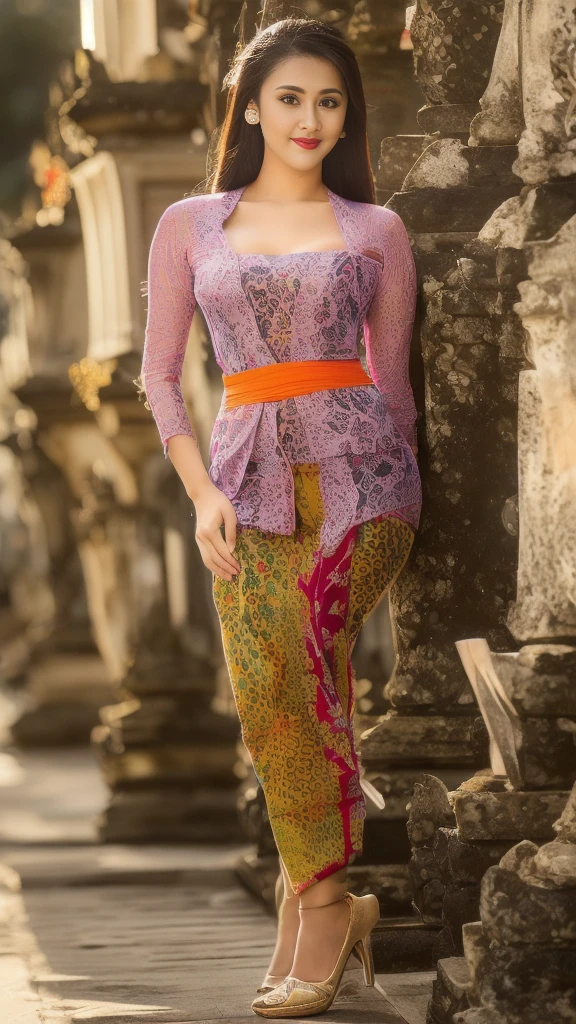 (8k, RAW photo, best quality, masterpiece:1.2),woman, portrait of woman wearing kebaya kebaya_bali in traditional black long kebaya, red lipstick, gold necklace, earrings, decoration, detail, flowers, blurred background, soft focus,(SFW:1.3),(Full Body:1.7),(cute face:1.3),(big breasts:1.3),(high heels:1.3),(big hips1.3), (medium thighs:1.3),(covered breasts:1.3),(bust cleavage:1.1),(lipgloss:1.3),(Cute eyes:1.3),(Red lips:1.3),(Smooth skin texture:1.3),( Precise and perfect human ???????: 1.3),(Beautiful and perfect facial features: 1.3), (Long eyelashes: 1.3),(Red lips: 1.3),(Shiny and textured lips: 1.3),(Smooth skin texture: 1.3),(earrings: 1.3),(Beautiful detailed eyes: 1.3),(Natural Color Lips: 1.3),(Beautiful face: 1.3),(kebaya_bali:1.7)