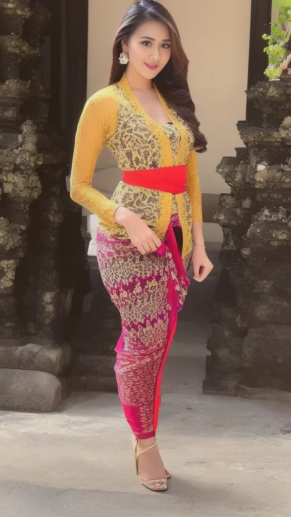 
(8k, RAW photo, best quality, masterpiece:1.2),woman, portrait of woman wearing kebaya kebaya_bali in traditional black long kebaya, red lipstick, gold necklace, earrings, decoration, detail, flowers, blurred background, soft focus,(SFW:1.3),(Full Body:1.7),(cute face:1.3),(big breasts:1.3),(high heels:1.3),(big hips1.3), (medium thighs:1.3),(covered breasts:1.3),(bust cleavage:1.1),(lipgloss:1.3),(Cute eyes:1.3),(Red lips:1.3),(Smooth skin texture:1.3),( Precise and perfect human anatomy: 1.3),(Beautiful and perfect facial features: 1.3), (Long eyelashes: 1.3),(Red lips: 1.3),(Shiny and textured lips: 1.3),(Smooth skin texture: 1.3),(earrings: 1.3),(Beautiful detailed eyes: 1.3),(Natural Color Lips: 1.3),(Beautiful face: 1.3),(kebaya_bali:1.7)