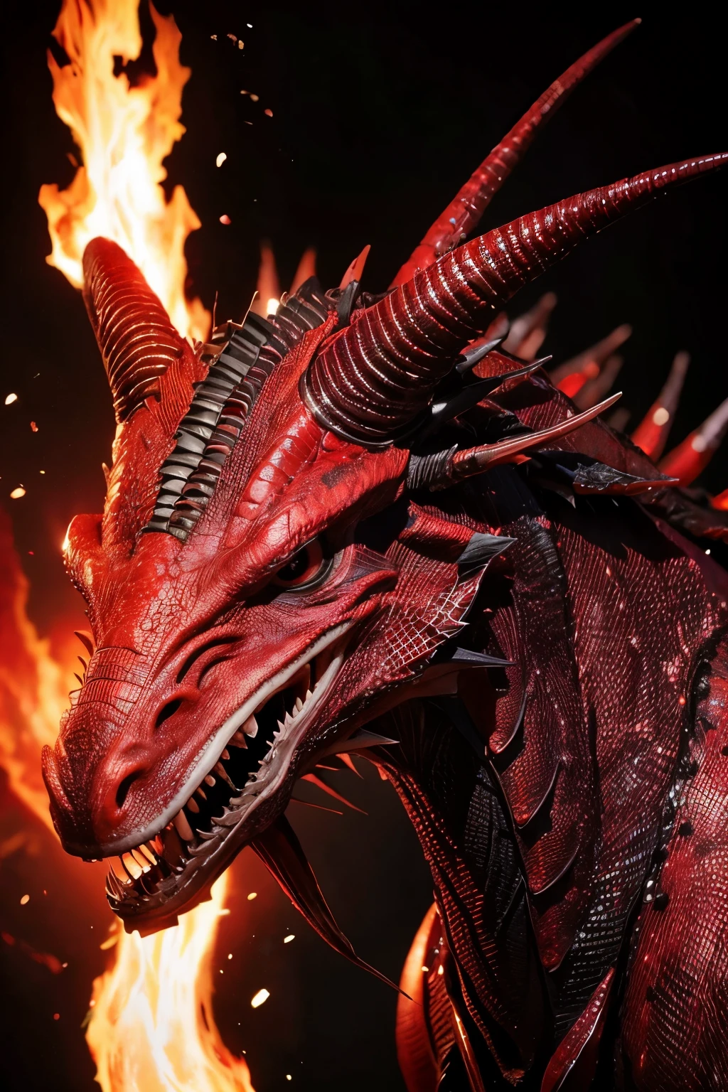 Dragon head, realistic, detailed, shooting fire, scales, red scales, big teeth, scary, horns, equal sides