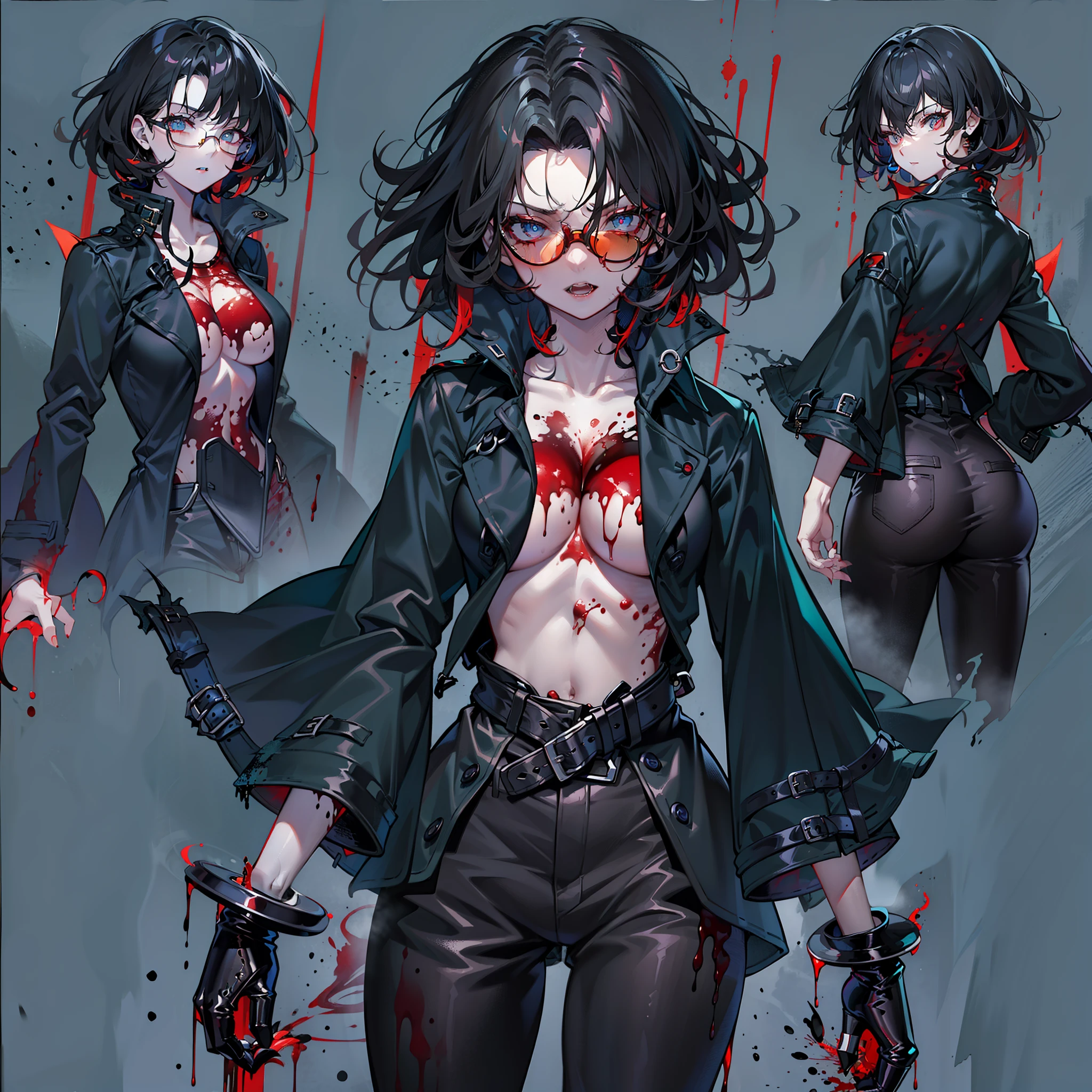 (High resolution, best quality, masterpiece) detail, intricate detail, realism, 1female, ((solo_focused)), single, one woman, physically fit, curvy, pale skin, vampire, fierce expression, dark eyes, (detailed eyes), red_rimmed eyes, sharpened fangs, closed_mouth, black hair, short hair, full body, medium breast, beautiful, mature, malevolent energy, (topwear:((shirt:black, trench_coat:black)), handwear:((gauntles) bottomwear:(pant:blue))), blood dripping, glasses, dark tinted glasses, smirking, menacing, blood spatter