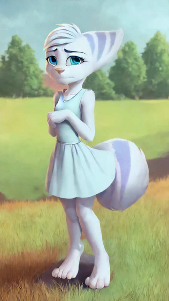 Furry Rivetlombax posing in an open field. (((She’s wearing a light blue sundress with a knee length skirt.))) (((Her tail emerges from a small hole in her dress.))) (((She is shown with two human feet, each with five toes.))) (((Her fluffy tail must be visible.))) (((She is shown standing in an open field with her arms at her sides, looking at the viewer with a very sad and heartbroken expression on her face.)))