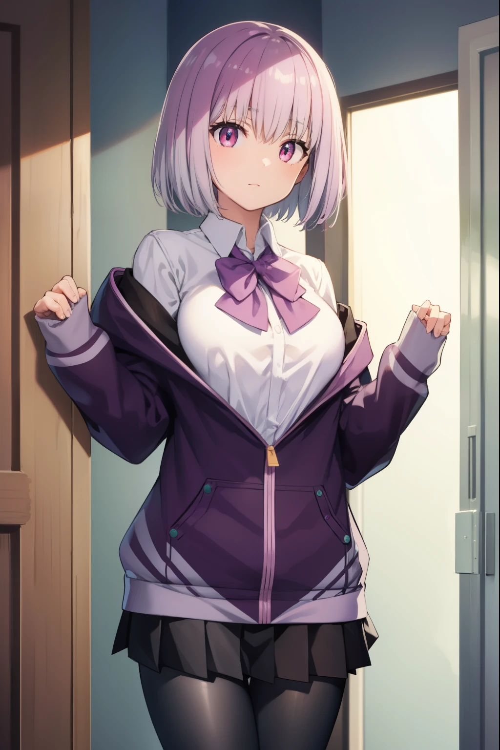 akaneshinjou, shinjou akane, light purple hair, (pink eyes:1.2), short hair,
BREAK black pantyhose, bow, collared shirt, hood, hooded jacket, jacket, open clothes, open jacket, open shirt, pantyhose, purple bow, purple jacket, school uniform, shirt, sleeves past wrists, unbuttoned shirt, white shirt,
BREAK indoors, city,
BREAK looking at viewer, BREAK (masterpiece:1.2), best quality, high resolution, unity 8k wallpaper, (illustration:0.8), (beautiful detailed eyes:1.6), extremely detailed face, perfect lighting, extremely detailed CG, (perfect hands, perfect anatomy),