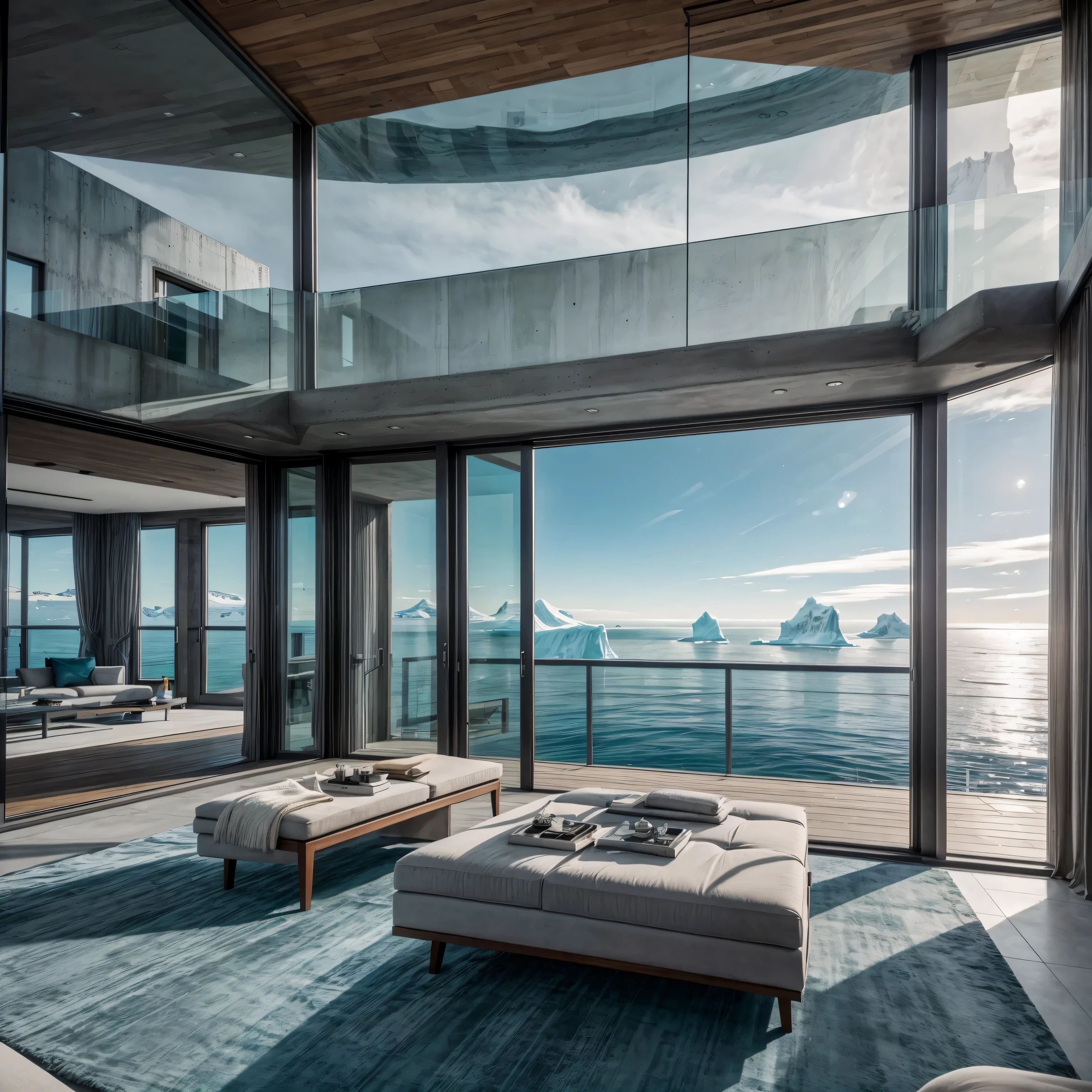 Imagine a view on concrete, modern mansion seamlessly integrated into an iceberg, embodying the perfect blend of modern architecture and iceberg. Design a lavish retreat with a cozy and warm interior that combines the rugged elegance of wooden and concrete materials. Envision large, strategically placed glass windows offering breathtaking views of the cold sea and surrounding icebergs. Your challenge is to create a harmonious masterpiece that not only stands as a testament to architectural innovation but also provides a welcoming and comfortable haven in this unique, frozen environment. Unleash your creativity to craft a concrete mansion that redefines luxury amidst the serenity of the Arctic seascape.