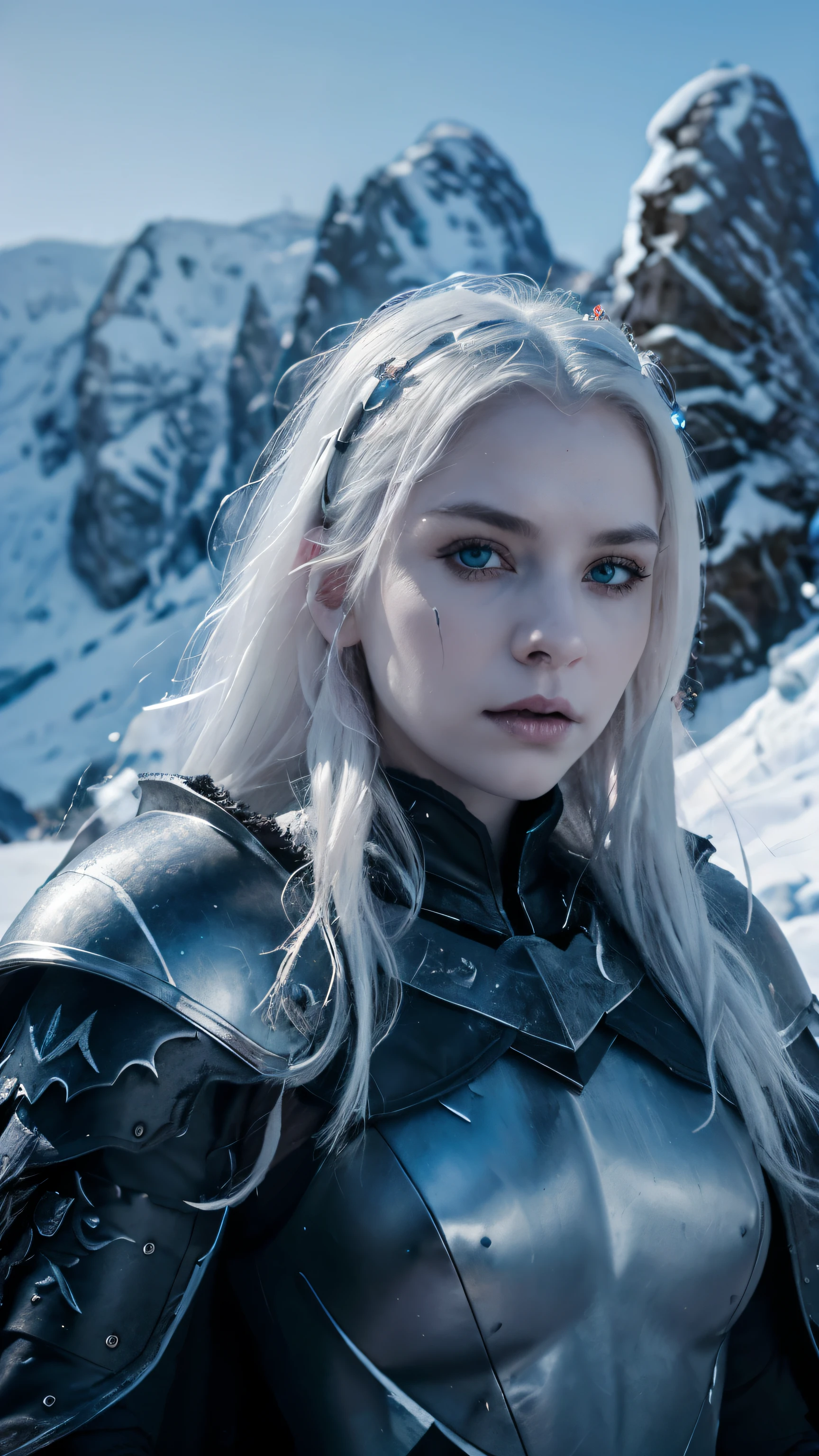 A portrait photo of beautiful girl, undead girl, scary face, pale white skin and white hair, blue eyes, developed body, wearing heavy death knight armor , black colored armors, the armors is highly detailed engraved and embossed. Black furry cape, ice hills background, snowy and icy environment, hyper realistic photo, medium shot, fantasy photo