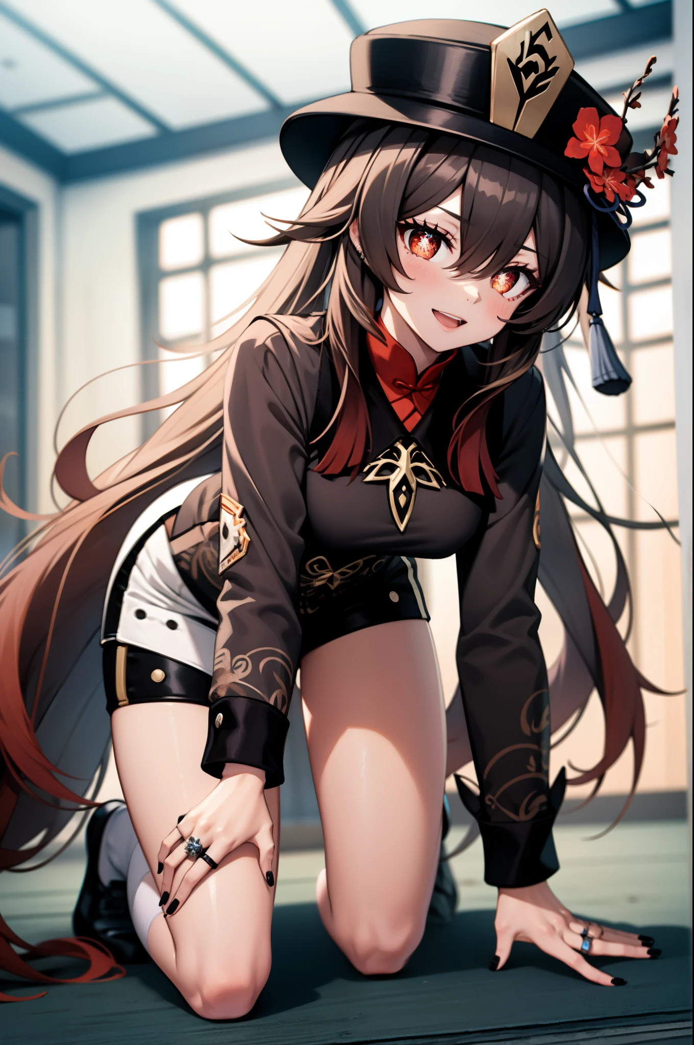 masterpiece, best quality, HuTaoV4, 1girl, solo, looking at viewer, symbol-shaped pupils, flower shaped pupils, blush, smile, open mouth, long sleeves, hat, jewelry, flower, thighs, shorts, socks, nail polish, black headwear, chinese clothes, black shorts, ring, all fours, black nails, hat flower,
