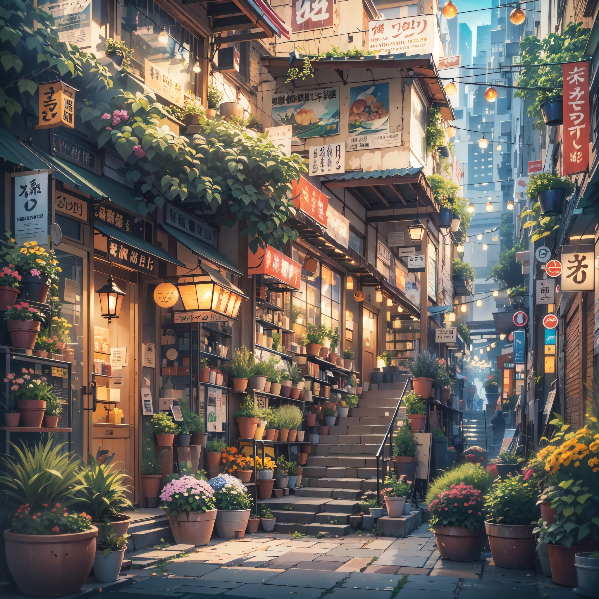 anime city street scene with a stairway leading to a restaurant, anime background art, anime style cityscape, colorful anime movie background, beautiful anime scenery, beautiful anime scene, anime scenery, anime art wallpaper 8 k, tokyo anime scene, anime art wallpaper 4k, anime art wallpaper 4 k, anime scenery concept art, hd anime cityscape, anime background, japanese shop signs, plant pots. trees