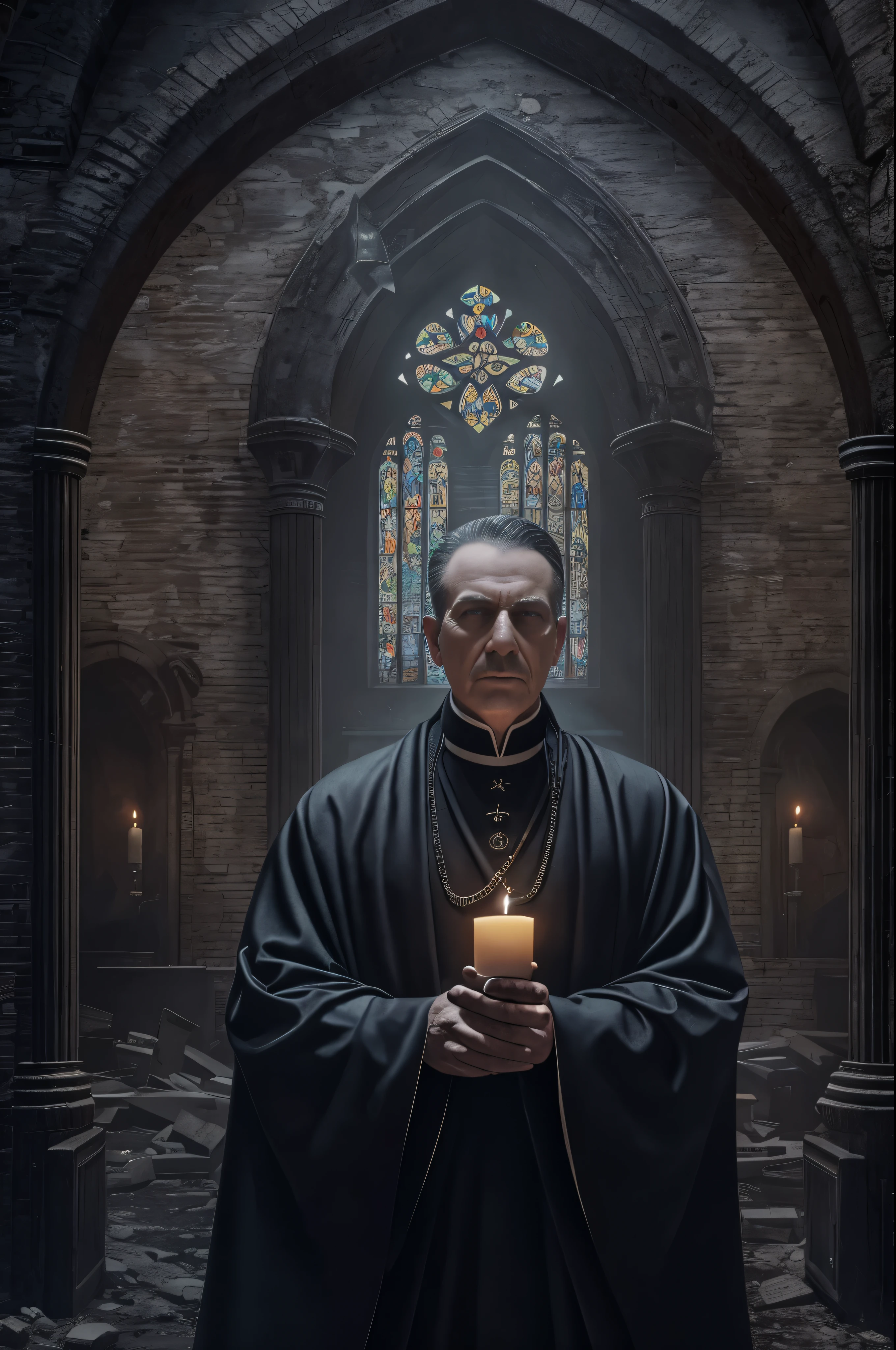 (a dystopian cult leader, gothic priest, fondo de iglesia abandonada),oil painting, dramatic lighting, sinister atmosphere, detalles inquietantes, Mejor calidad, ultra detallado, Realista, retratos, tonos desaturados, sombras a la luz de las velas, ambiente brumoso, vidrieras rotas, Decaying walls, silencio inquietante, mysterious symbols