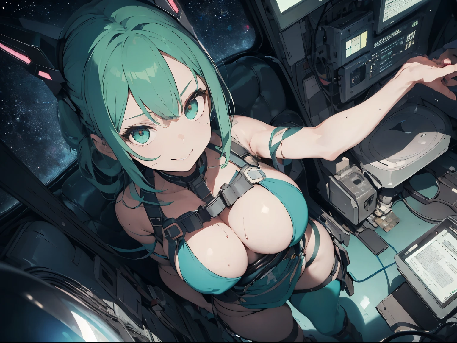 1girl, long blue green hair, pink eyes(glowing), goggles on head, thick figure, grinning, thick adult body, voluptuous, pale skin(extreme), wires extending, wire plugged into neck, orange dress(intricate ornamentation), wet skin, chiaroscuro, raypunk gothic, spaceship cockpit, laying on pilot seat, cosmic, absurdes, high res, ultrasharp, 8k, masterpiece, from above, looking at viewer