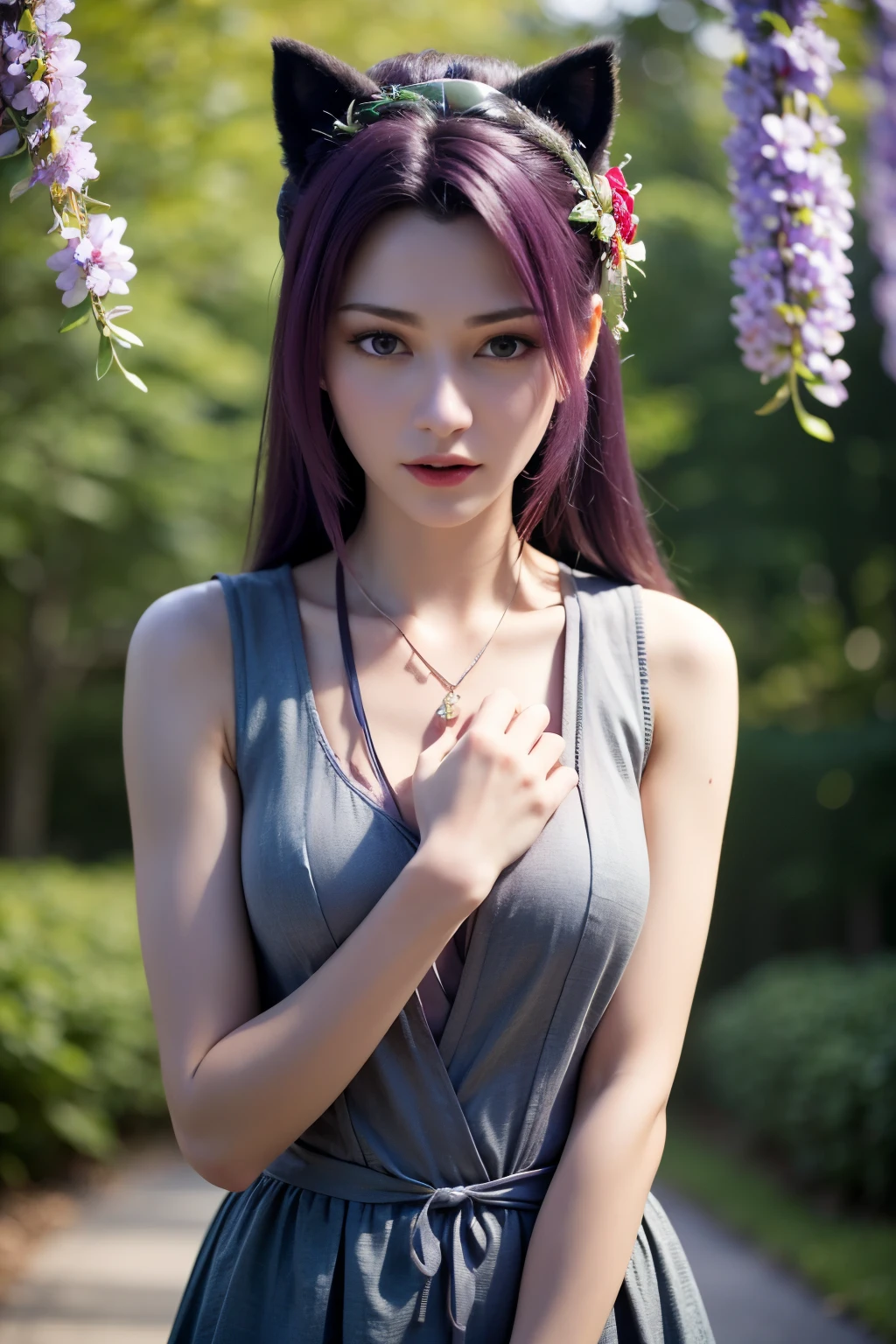 1girl, solo, cute girl with pink hair, pink eyes, wisteria flower background, soft natural light, cat ears, sleeveless white shirt