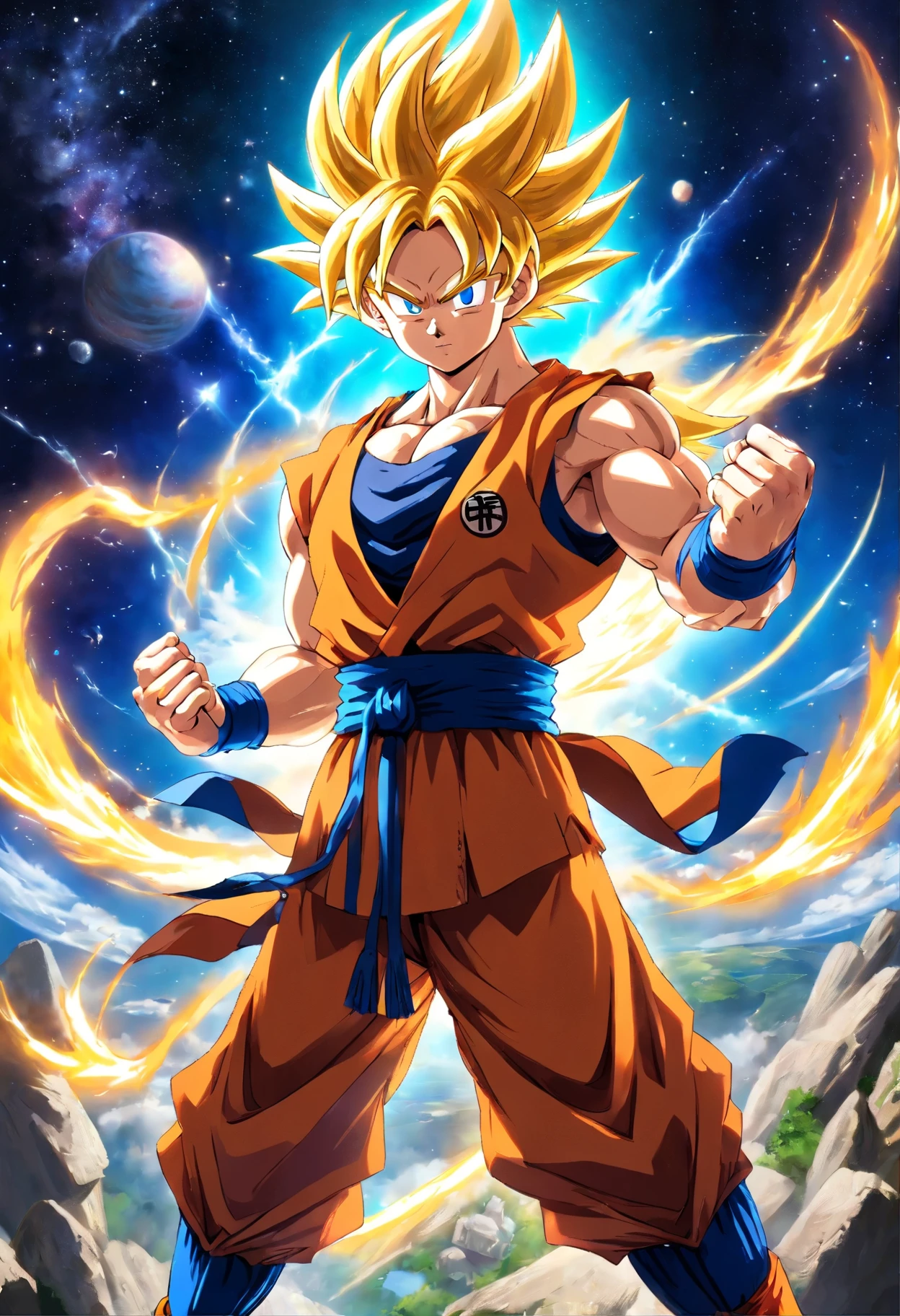 (melhor qualidade, Altas, Realistic:1.37), ultra-detalhado, Goku using the Golden Armored Higher Instinct of the Sagittarius Zodiac Sign, large muscles, Estilo Saint Seiya, estilo anime, corpo inteiro, olhos e rosto detalhados, long eyeslashes, aura azul e vermelha ao redor de Goku, background in space