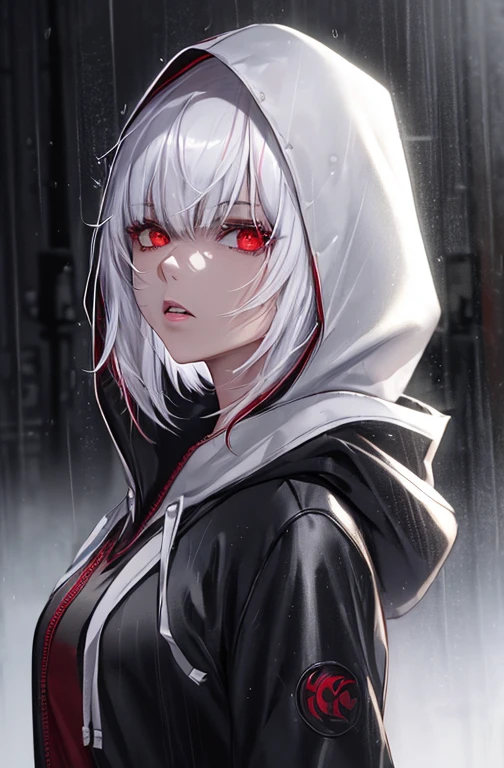 kk, best quality, more details, masterpiece, 1girl, kaneki ken, portrait, male focus, red eyes, solo, bangs, looking at viewer, hood, short hair, rain, tokyo tokyo \(hell\),  hood up, nail polish, white hair, luxurious, 8k, detailed, ray tracing, depth of field, cinematic lighting, devil, demon