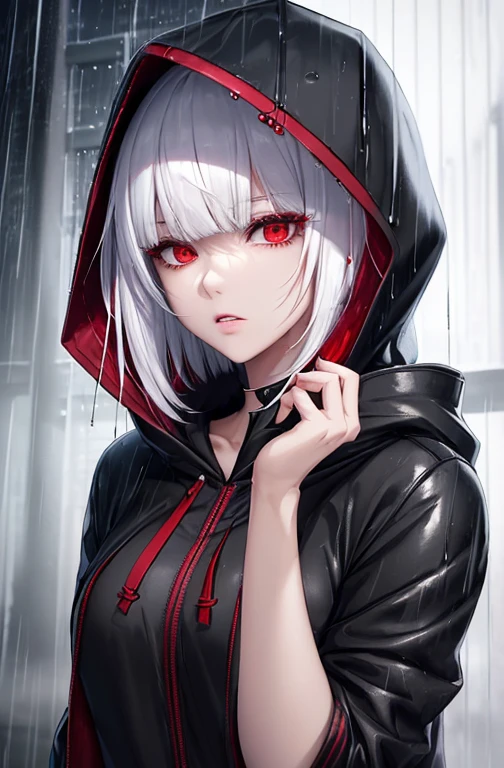kk, best quality, more details, masterpiece, 1girl, kaneki ken, portrait, male focus, red eyes, solo, bangs, looking at viewer, hood, short hair, rain, tokyo tokyo \(hell\), hood up, nail polish, white hair, luxurious, 8k, detailed, ray tracing, depth of field, cinematic lighting, devil, demon