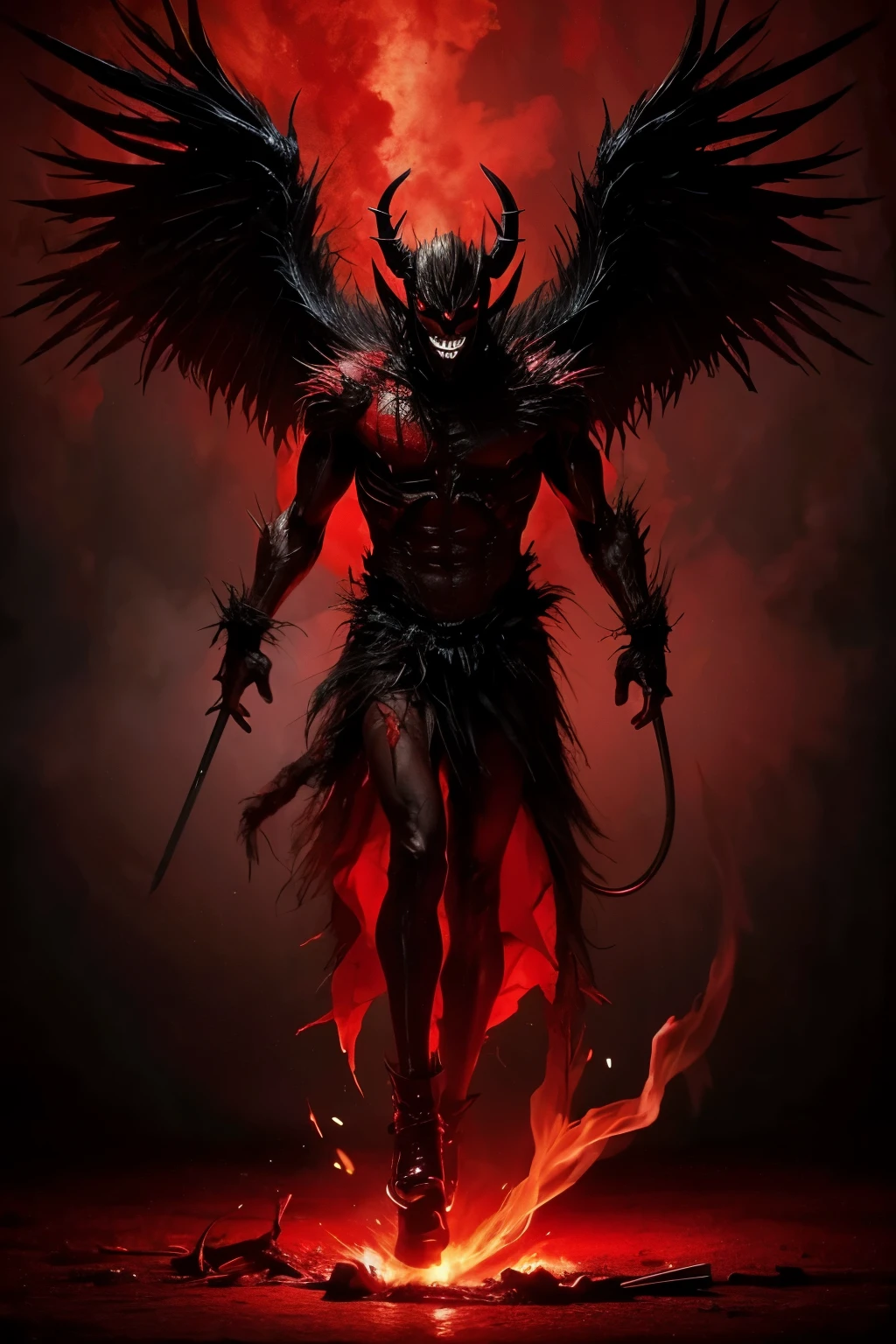 Demon, demon body, demon full body, scary, red demon, wings, red wings, levitating, looking down, looking at viewer