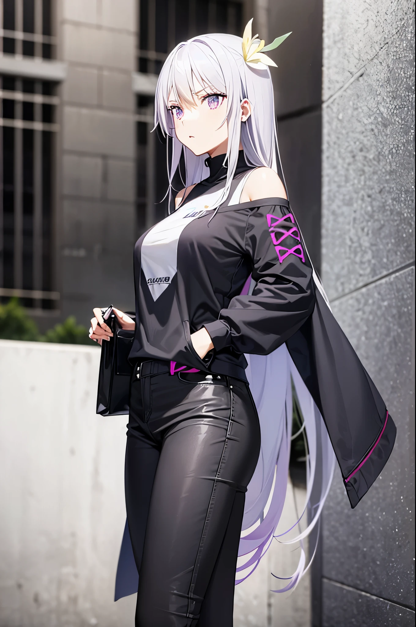 reona silver hair long hair large breasts purple eyes hair ornament,Streetwear Chic: Edgy, Vibrant, Casual.