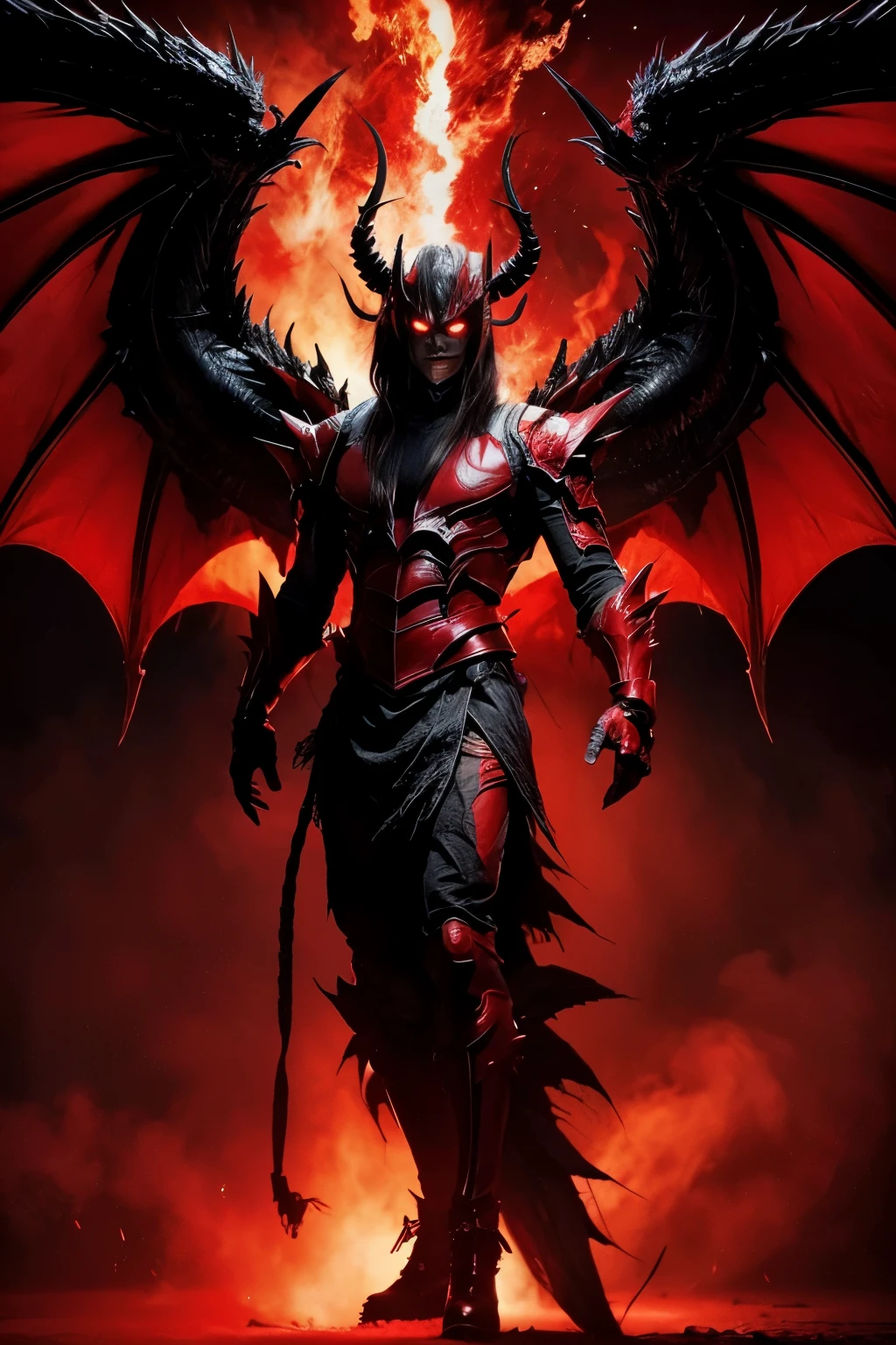 Demon, half demon body half dragon, demon full body, scary, red demon, wings, red wings, levitating, looking down, looking at viewer