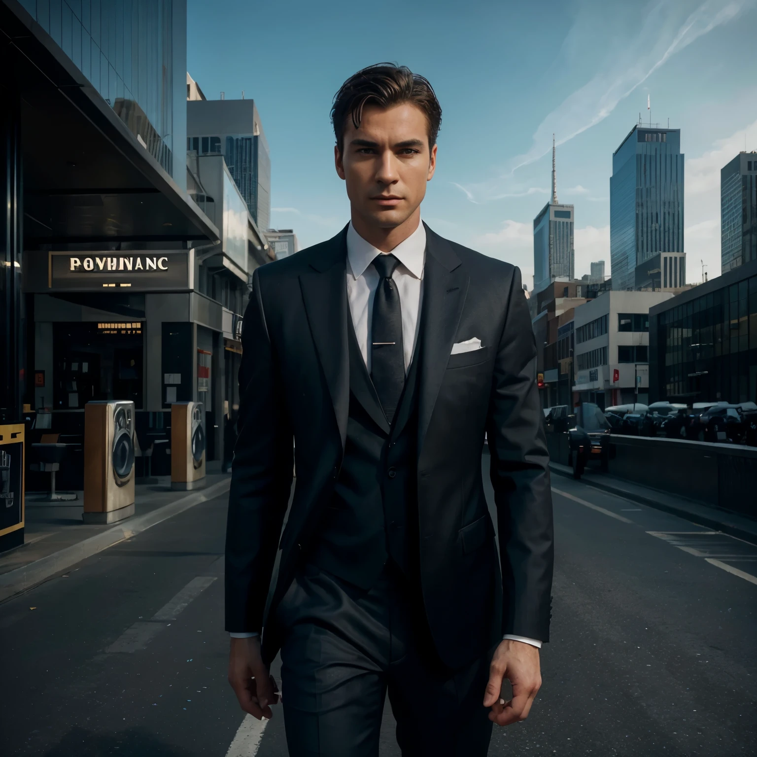 "Generate a high-quality, cinematic book cover image featuring a strikingly handsome man wearing a sleek suit, with an exceptional level of realism and detail. Position the character prominently in the foreground, exuding confidence and charisma. In the background, depict a dynamic cityscape filled with intricate buildings and skyscrapers to create a visually stunning scene. Ensure that both the man and the city exhibit advanced levels of detail, blending seamlessly to convey a sense of sophistication and intrigue. Strive for maximum quality in both the character's appearance and the urban backdrop, creating an image that captures the essence of a captivating story suitable for a compelling book cover."