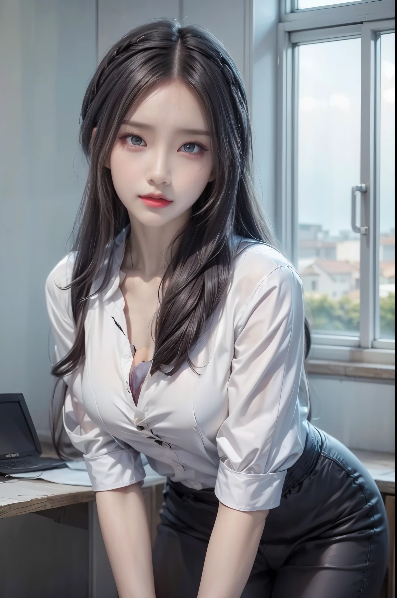realistic, 1 women, best quality, 12k, HD, long hair, big round breasts, cleavage, ponytail, necklace, jewelry, shorts, short jacket, slim hips, hair tie, yellow eyes, black hair, super detailed, Eye details, hair details, person details, mouth details, face details, breast details, clothes details, hair details, pants details, hand details, whole body