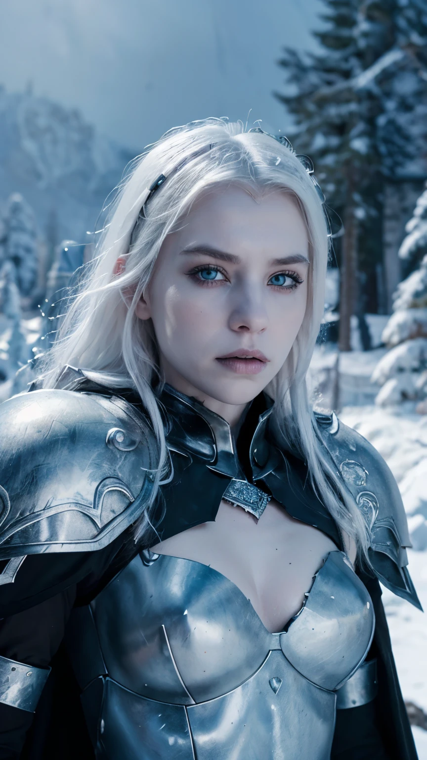 A portrait photo of beautiful girl, undead girl, scary face, pale white skin and white hair, blue eyes, developed body, wearing heavy death knight armor , black colored armors, the armors is highly detailed engraved and embossed. Black furry cape, ice hills background, snowy and icy environment, hyper realistic photo, medium shot, fantasy photo