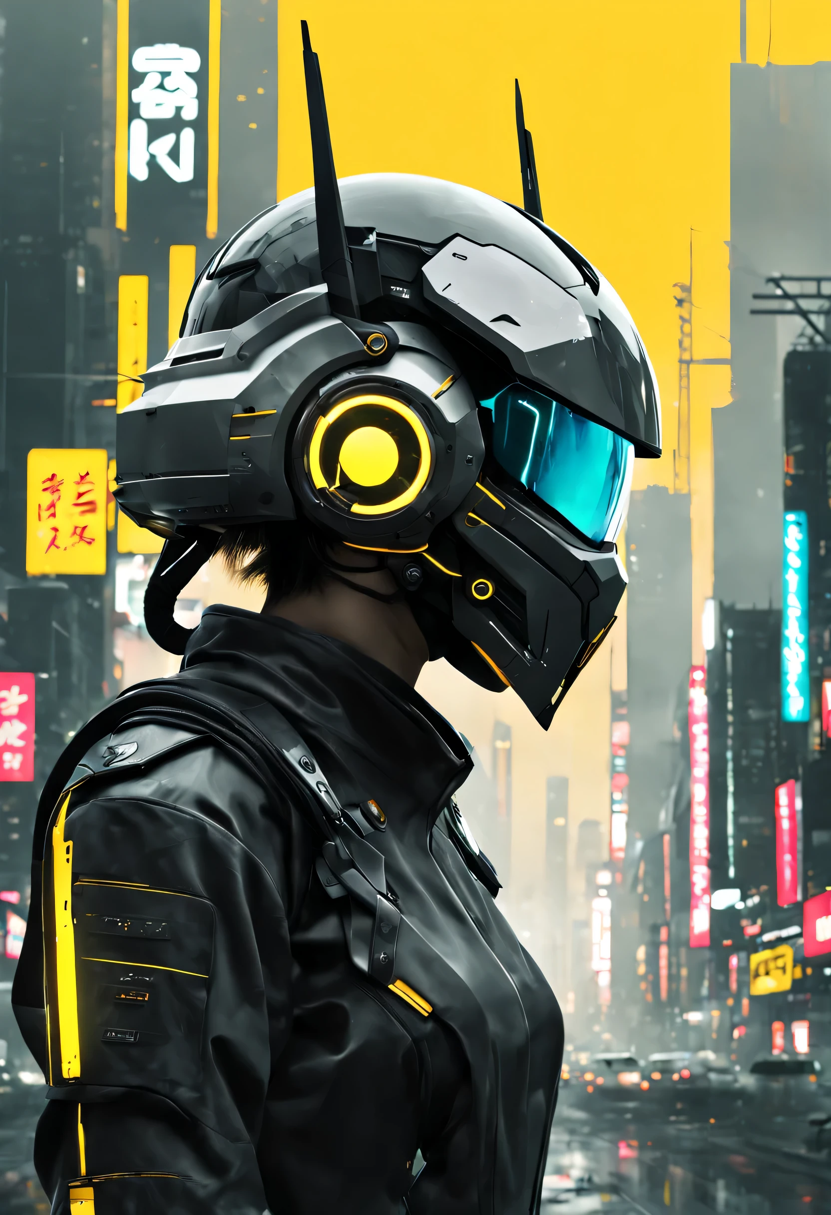 Overlay Japanese type. A poster with a futuristic helmet, cyberpunk art by Maciej Kuciara, item in the distance, cgsociety, deconstructivism, darksynth, behance hd, dystopian art, grey, yellow --stylize 800 --v 6
