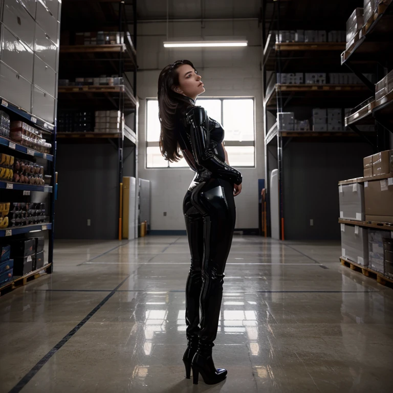 A pristine well lit warehouse with shelves filled with sex toys. In the focal center of an aisle a man in a suite lies on the floor looking up at a woman standing above him in tight black latex with her back to the camera and her torso turned to the left and her face and bust in profile