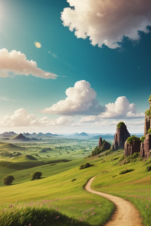 fantasy scenery, sunny, plains, greenery, clouds