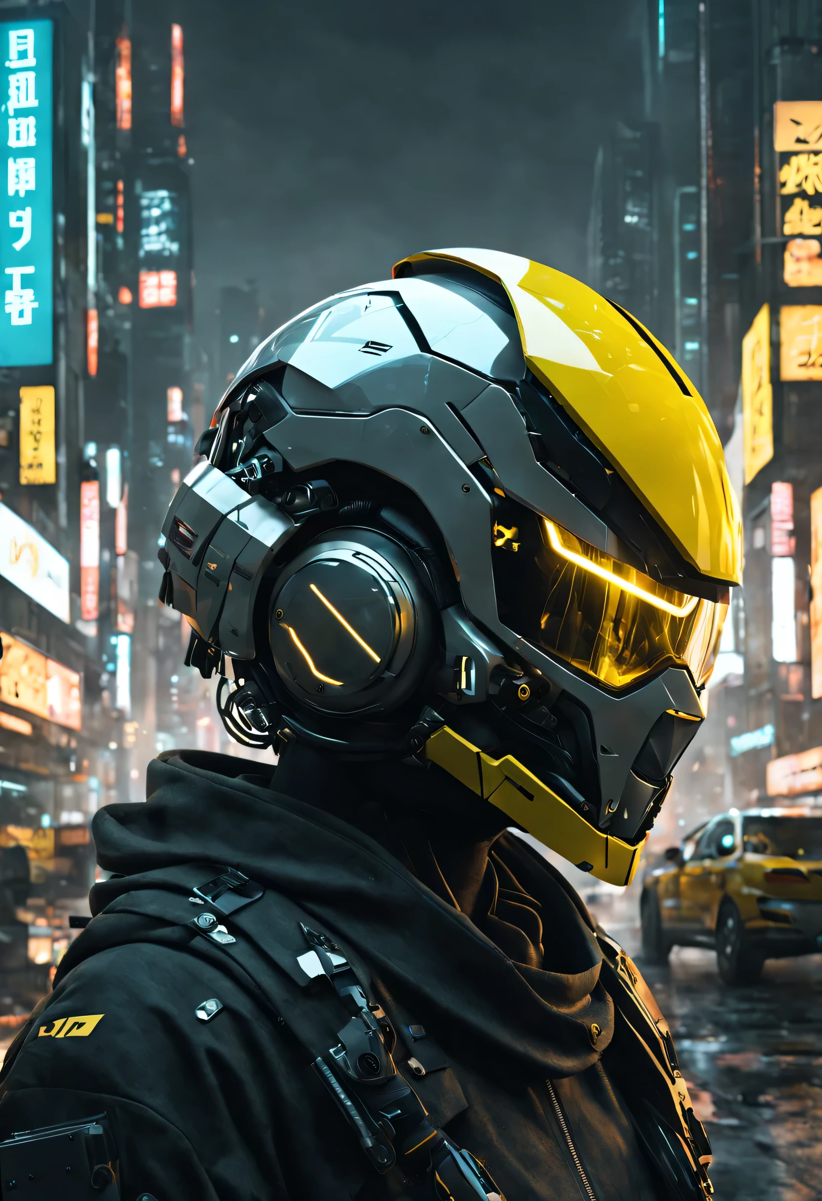  Overlay Japanese type. A poster with a futuristic helmet, cyberpunk art by Maciej Kuciara, item in the distance, cgsociety, deconstructivism, darksynth, behance hd, dystopian art, grey, yellow --stylize 800 --v 6