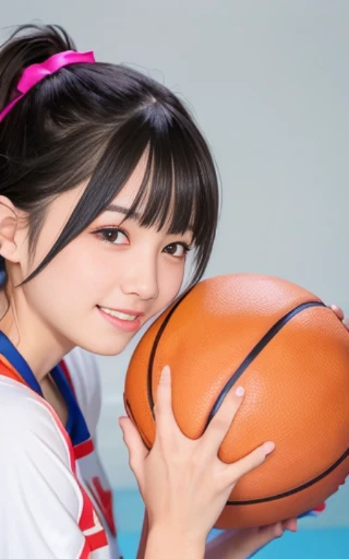 from below,dribbling a basketball,,smile,sportswear for basketball, adorable, japanese girl, hair black hair, hair scrunchie, (high color saturation:1.0), highest quality, ultra high resolution, photo-realistic, Super detailed, 8K, RAW photo