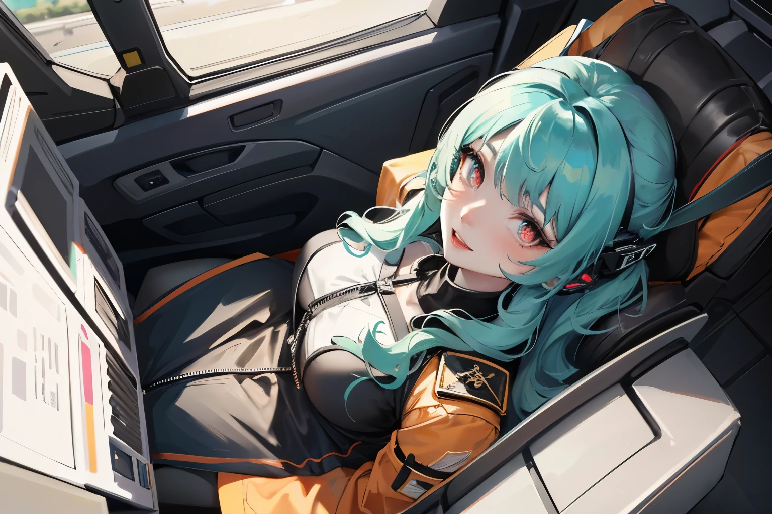 1girl, long blue green hair, pink eyes(glowing), goggles, thick figure, grinning, blushing, thick adult body, voluptuous, pale skin(extreme), wires extending, wire plugged into neck, orange dress(intricate ornamentation), wet skin, chiaroscuro, raypunk gothic, spaceship cockpit, laying on pilot seat, cosmic, absurdes, high res, ultrasharp, 8k, masterpiece, from above, looking at viewer
