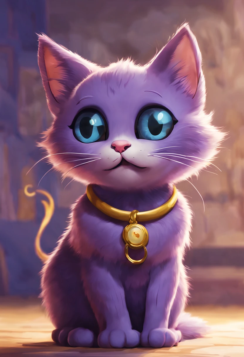 cat light purple purple fur, side elevation view, smoke comes out of the cat&#39;s mouth and the cat smiles, The cat&#39;s eyes are completely black with white pupils,  the cat has a yellow crescent-shaped pendant on his neck, background room with blue wallpaper and beige floor, cartoon graphics, 4k, beautiful, high detail.