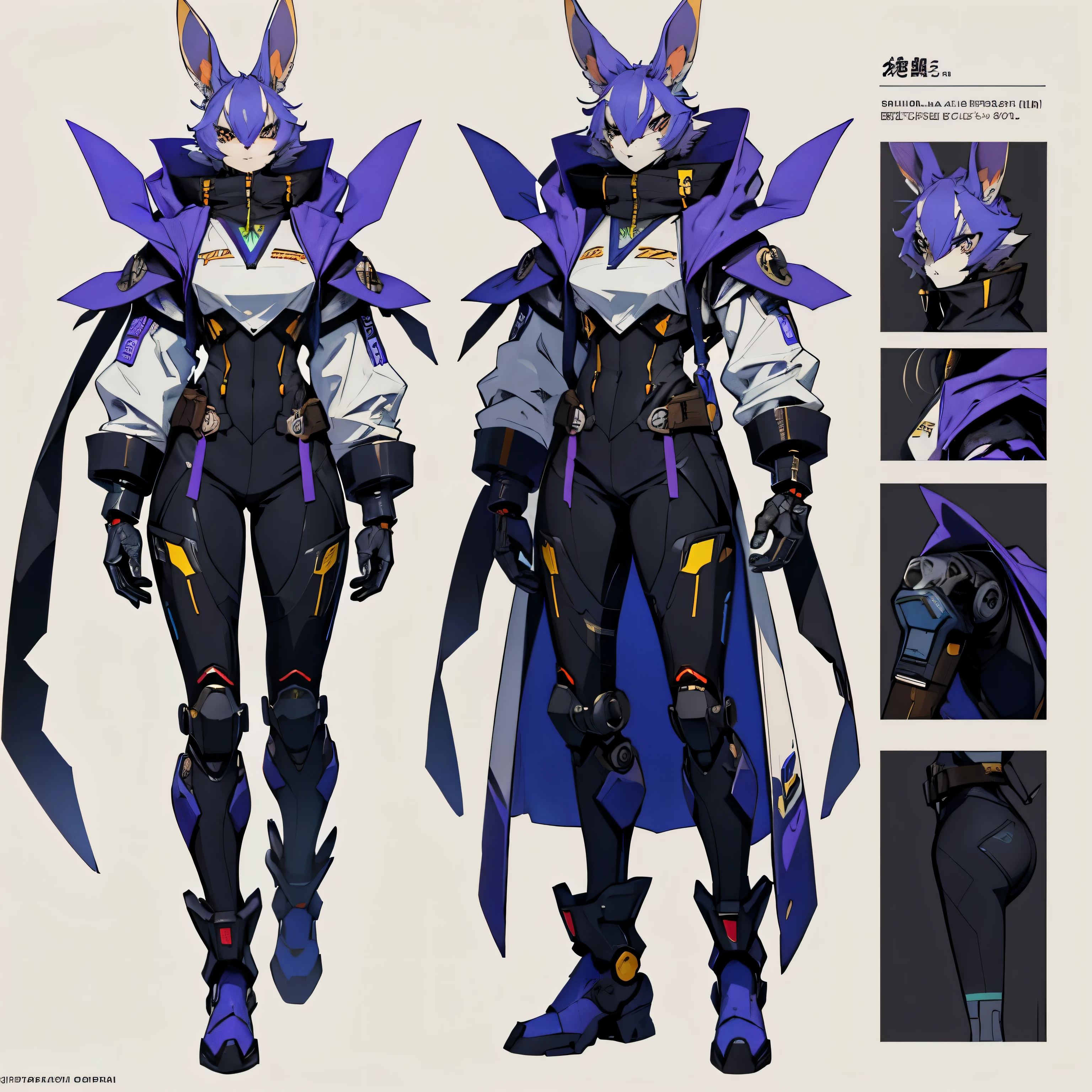 reference sheet believe me an anime style character sheet image of a furry rabbit robot woman very straight robotic face with big boots and loose fabric clothing using colored ink to attack the post apocalyptic style with very worn and stained clothing as it will continue to be by the desert make blue-violet plasma come out of her hands and feet as if it were a car's turbo make her a woman make her clothes look more like the bayonet from steampunk games blade legs, robot con un guante en la mano, retrato de mi, anfas retrato de mi warrior, painterly humanoid mecha, Retrato del conejo+ cyborg, Robot Mecha Hembra Cabeza de conejo, Turian, male robotic Antro rabbit, Retrato humanoide, epic scifi character art, Calles John, Elegante mecha hembra furry cabeza de conejo hoja de referencia