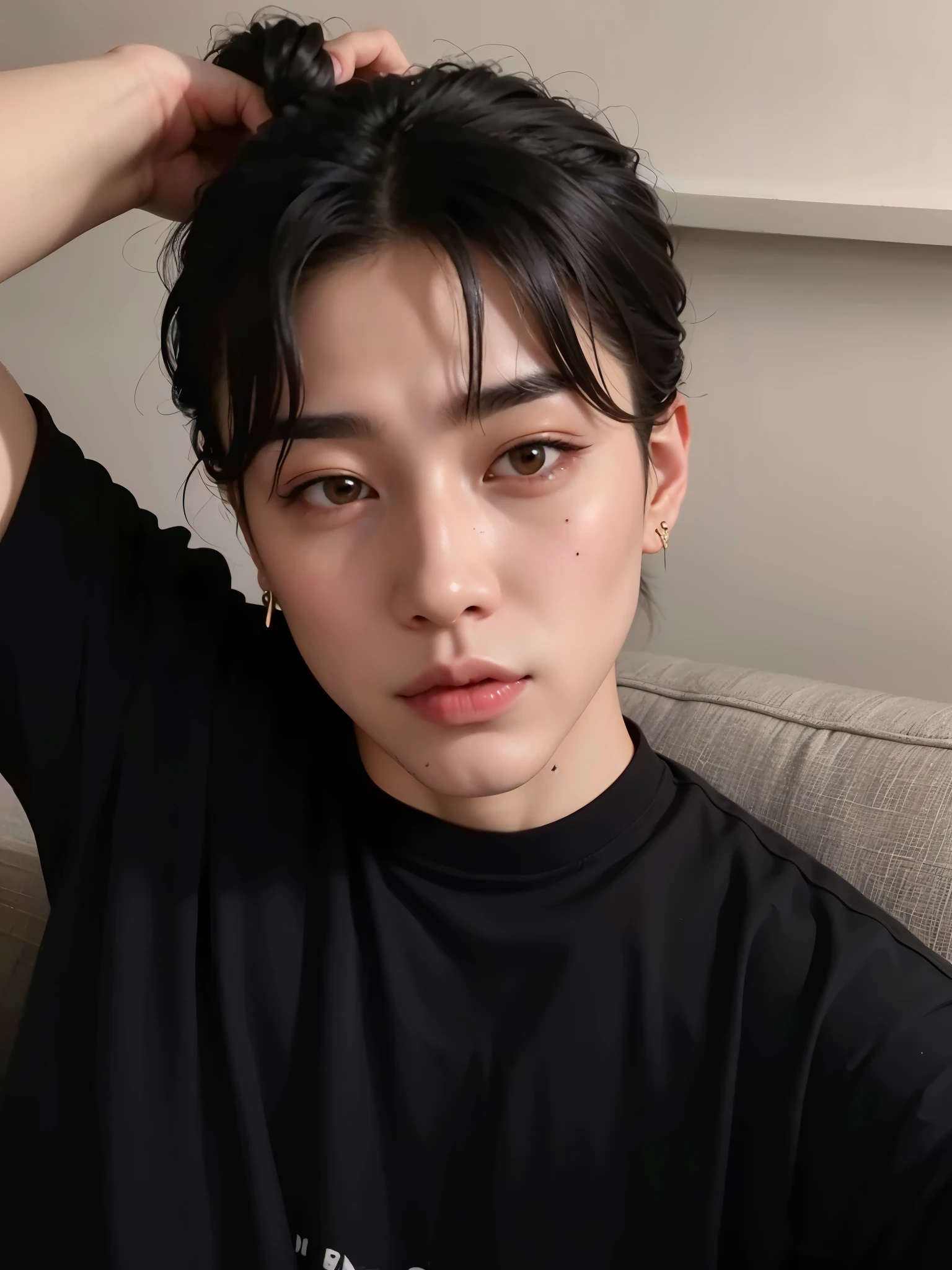 edgy man in black shirt sitting on a sofa with his hair tied in a bun, Jungkook, adorable and pale korean face, ele tem 3 5 anos, cai xukun, Yoongi de cabelo preto, ele tem cerca de 2 5 anos, hyung tae, ele tem cerca de 2 0 anos, ele tem cerca de 20 anos, Kim Doyoung, taejune kim